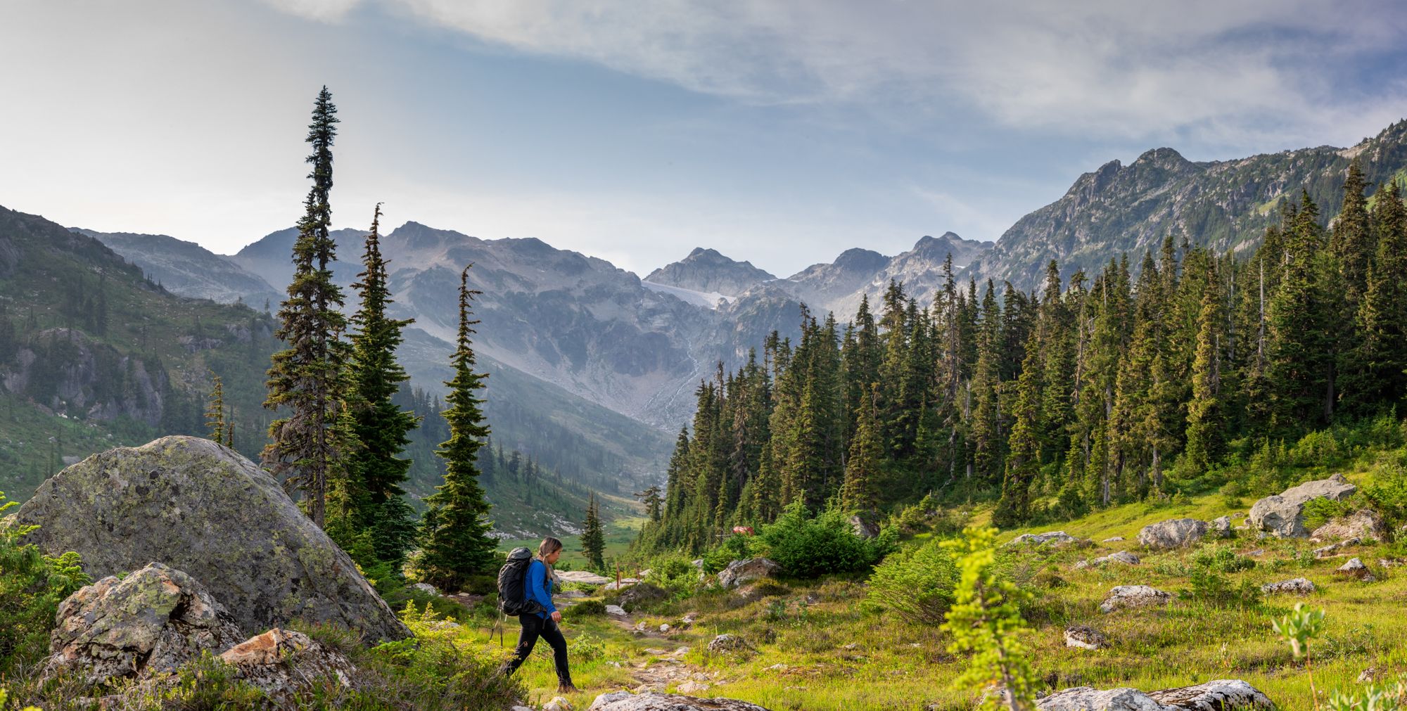 Woman hikes with forest and valley in background