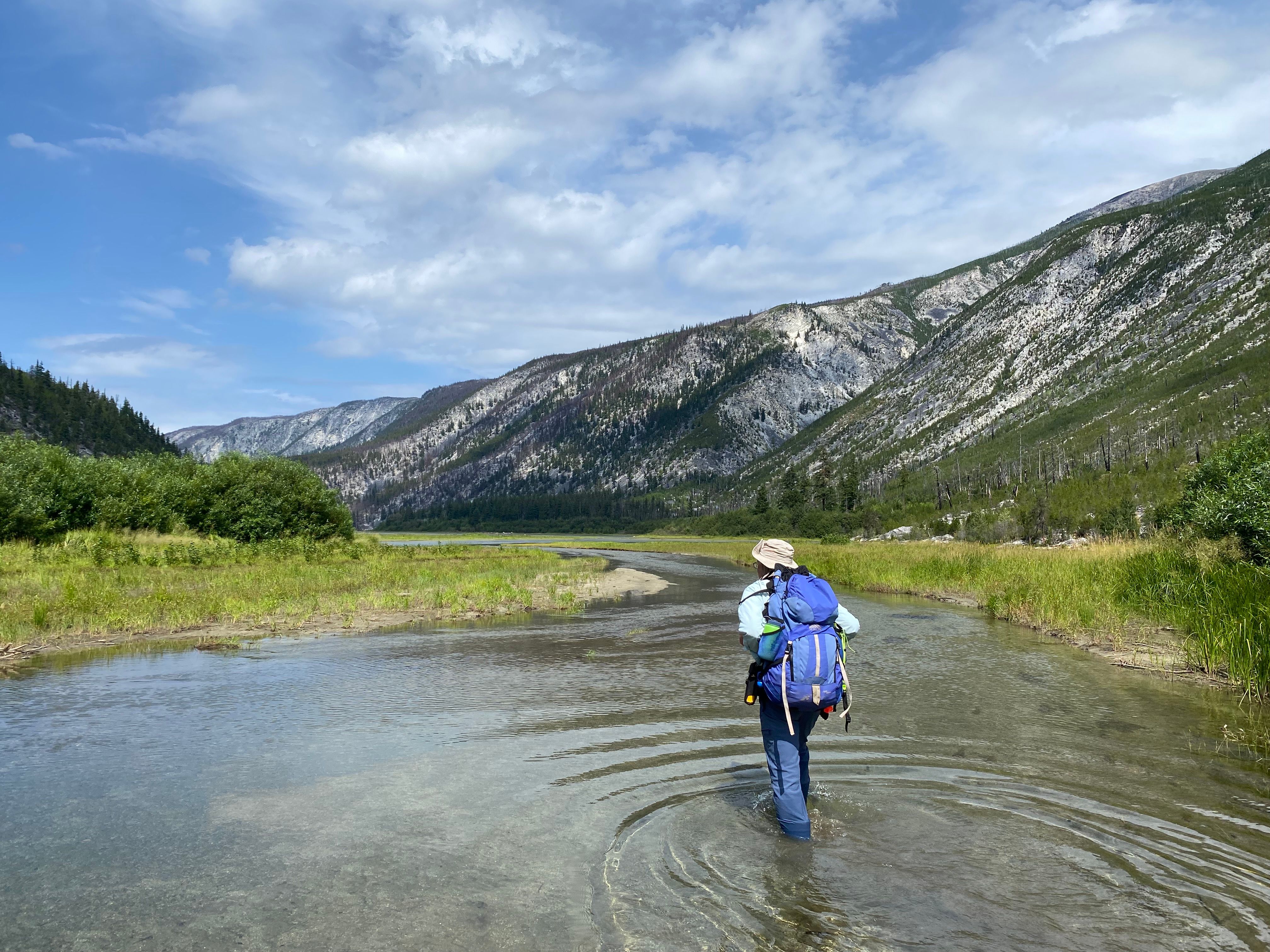 Person walks through Atnarko River