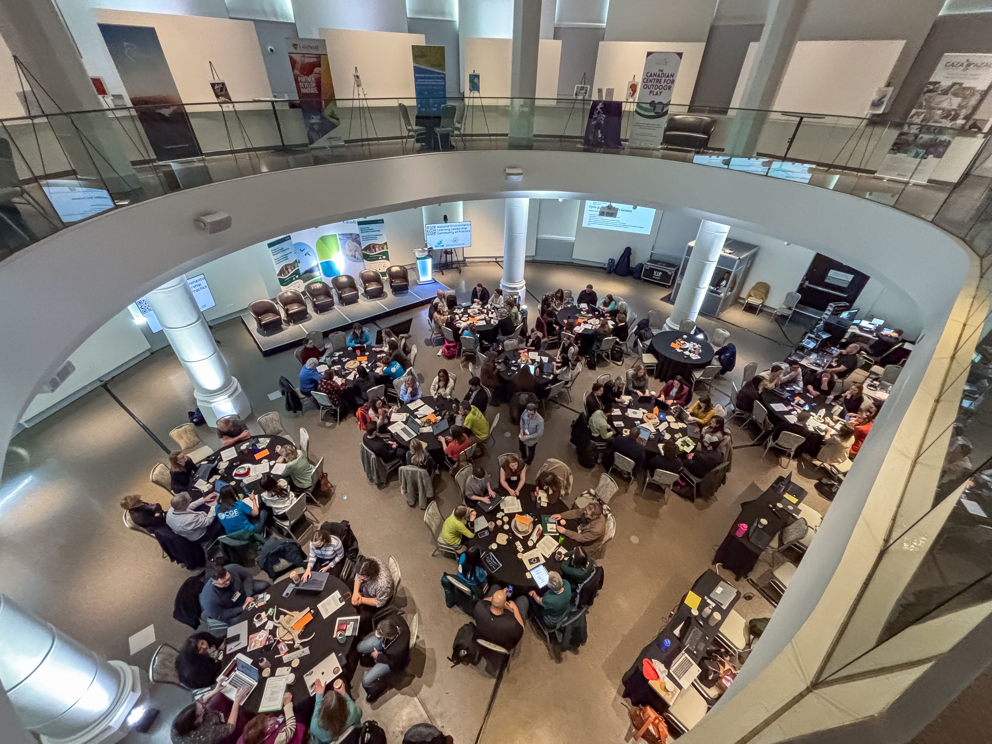 Aeriel shot of a room with over 100 intergenerational representatives gathered to co-create a national vision for environmental learning in Canada.