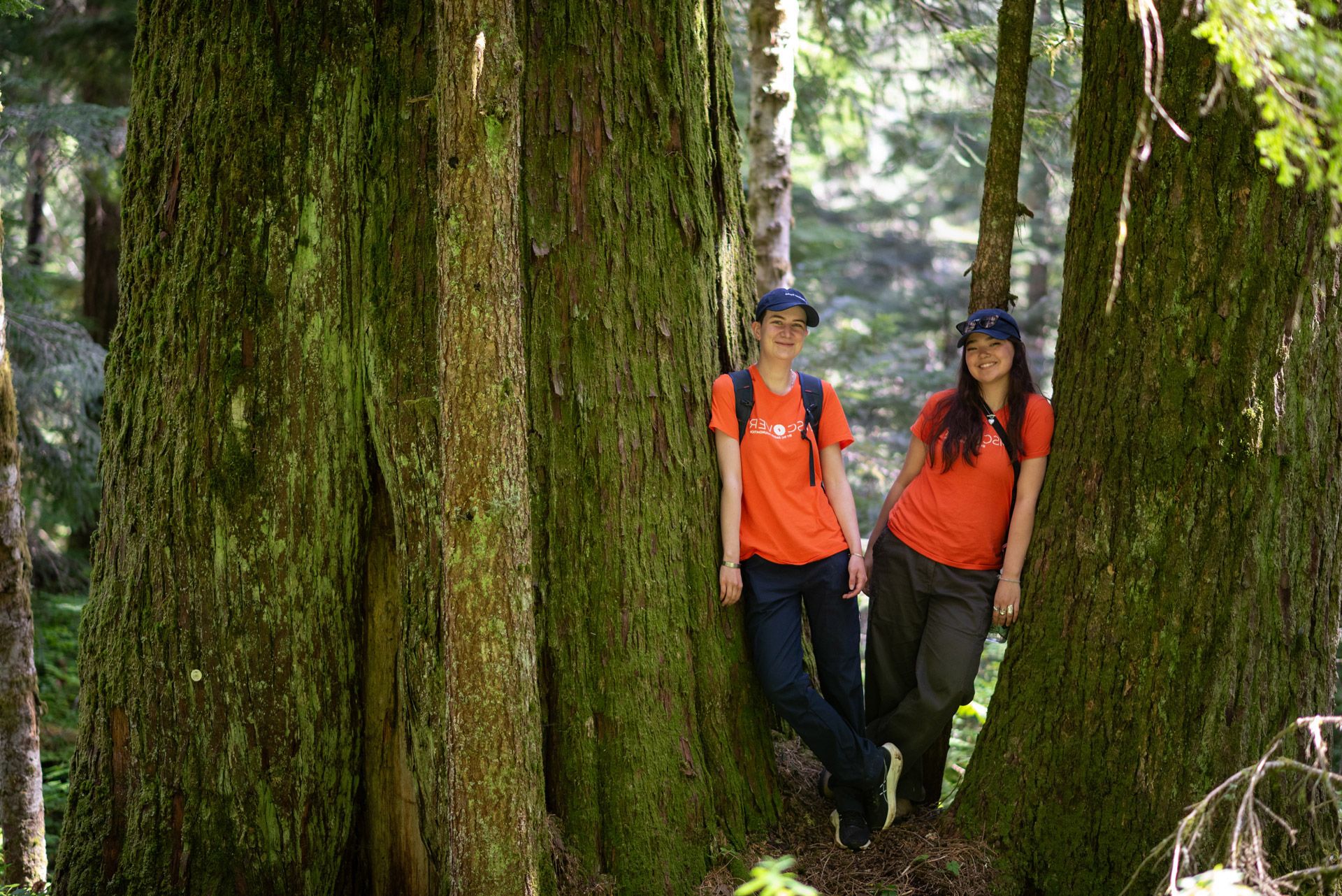 Two Discover Parks Ambassadors stand between tall trees