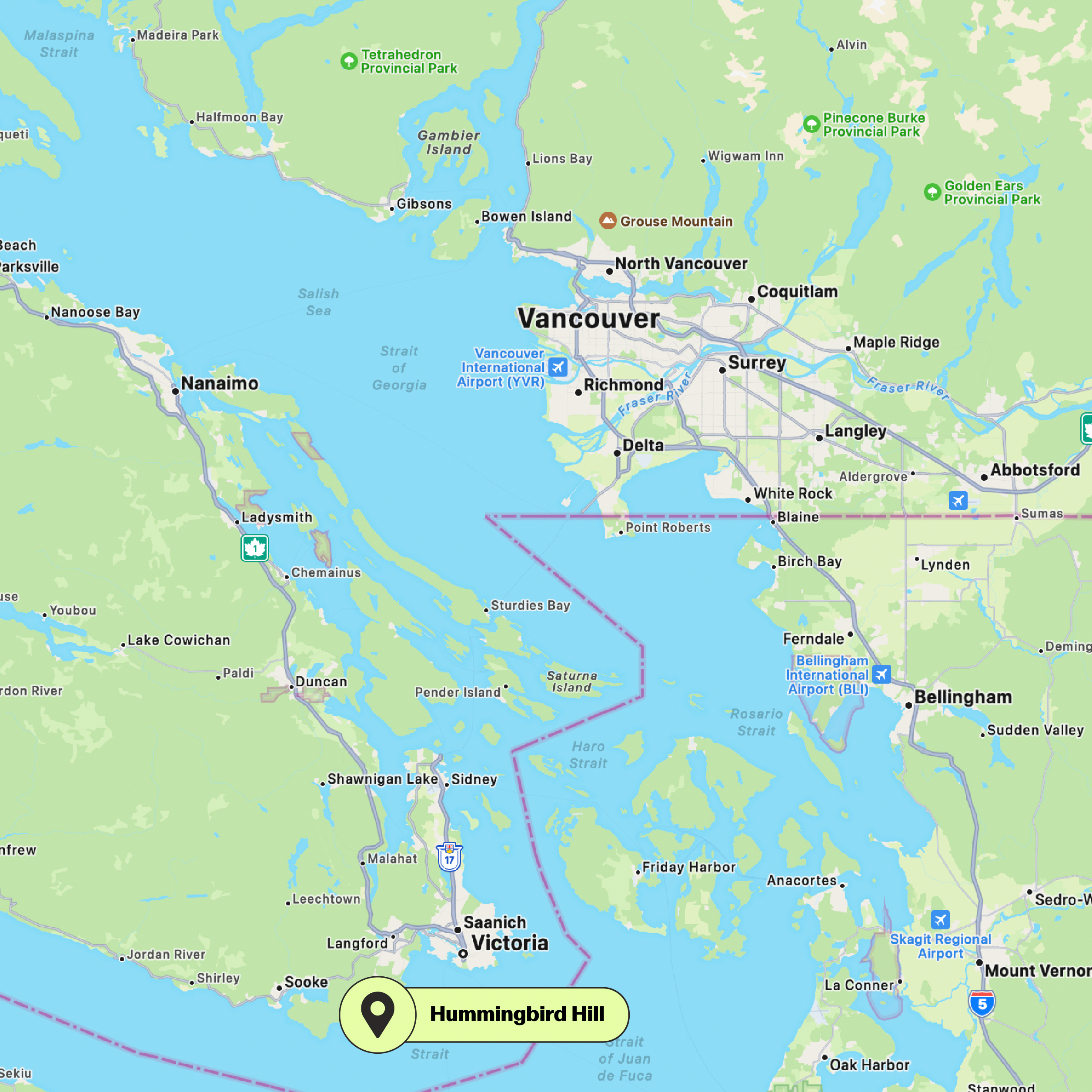 Map diagram with location of Hummingbird Hill