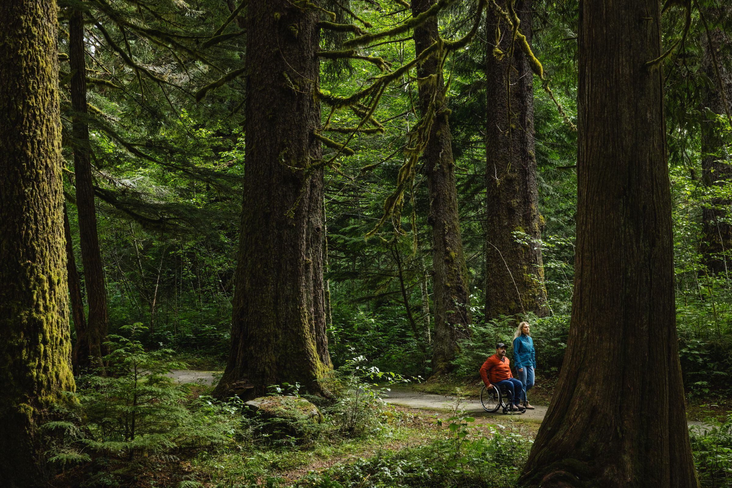 Two people traverse a path in a dense forest setting