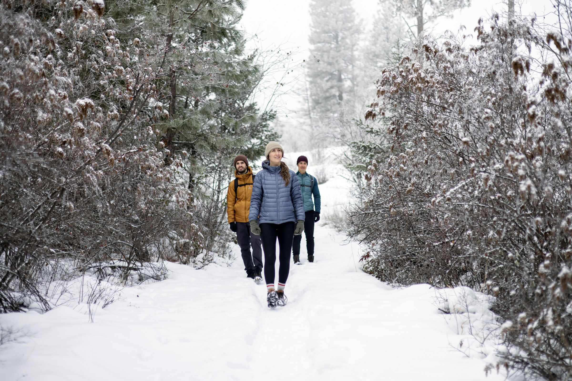 Three people hiking in the snow on a sunny and cloudy day