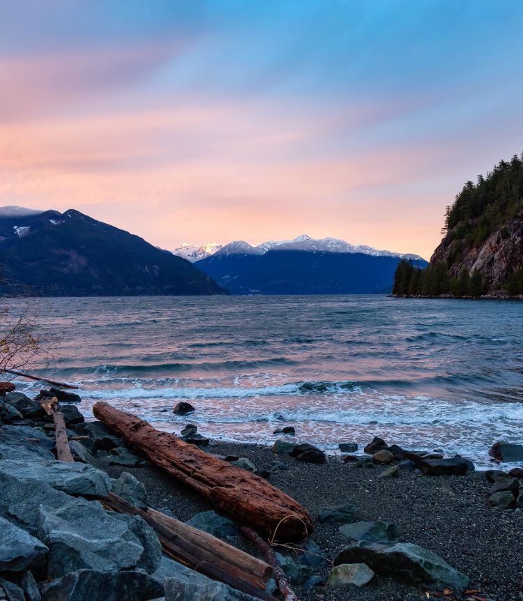 A rocky shoreline underneath a pink setting sun