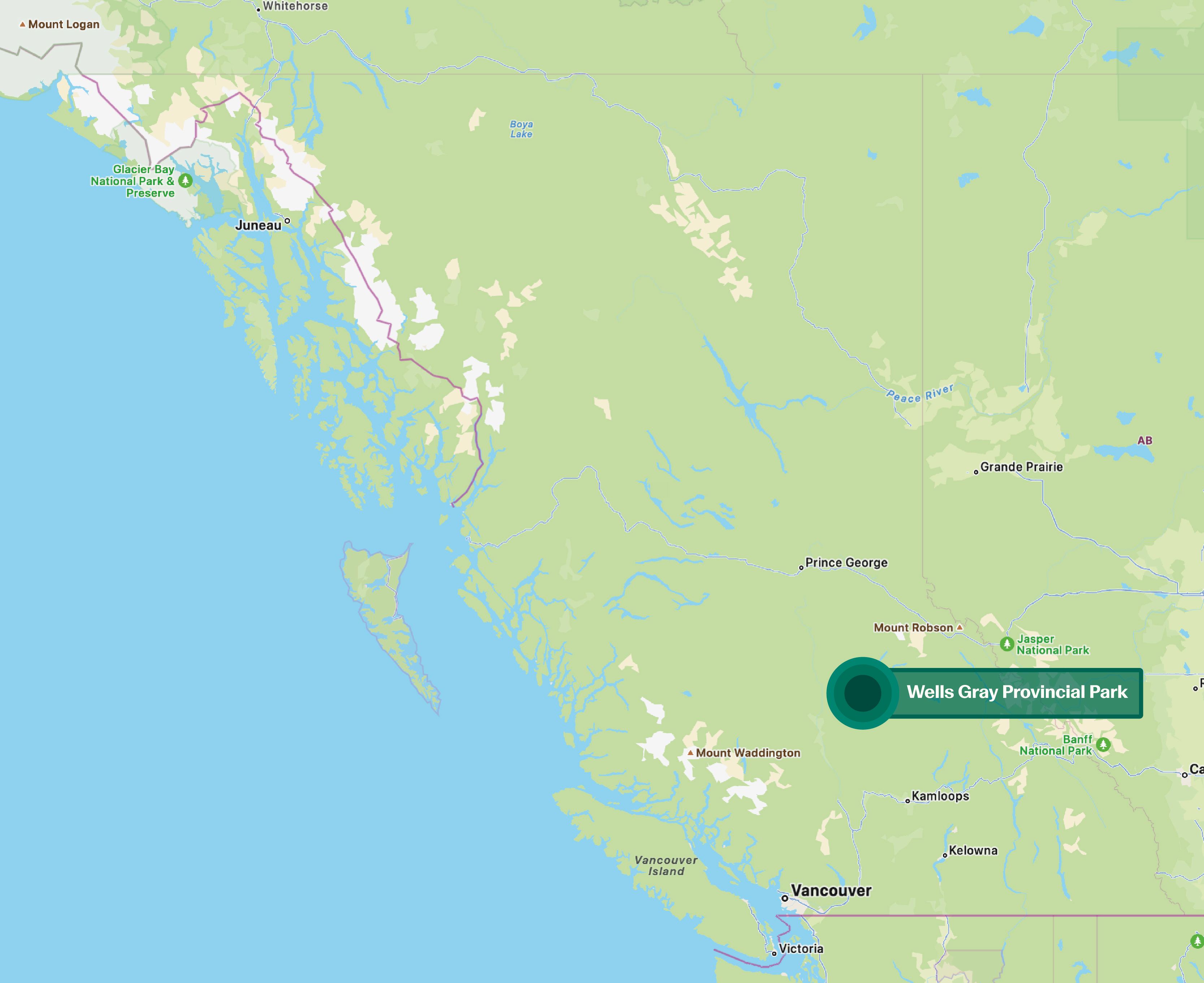 Map of BC indicating Wells Gray Park
