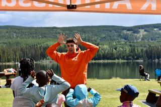 Discover Parks Ambassador Gavin leads a game for visitors to Lac Le Jeune Park this summer.