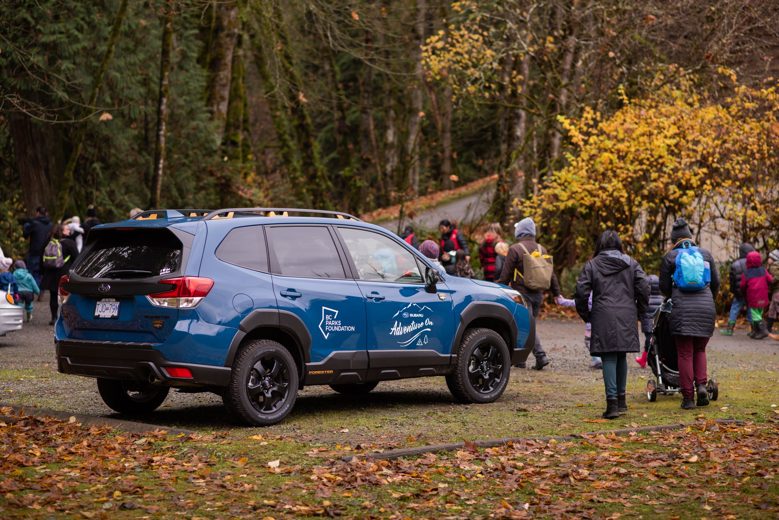 BCPF Branded Subaru Forester at Goldstream Park in the autumn.