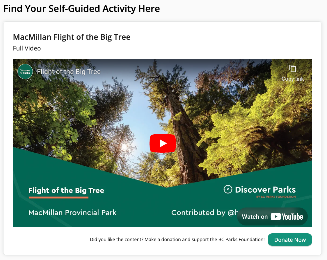 Discover Parks is a one-stop shop for self-guided and guided activities in BC Parks, including this video tour of a tree in MacMillan Park.