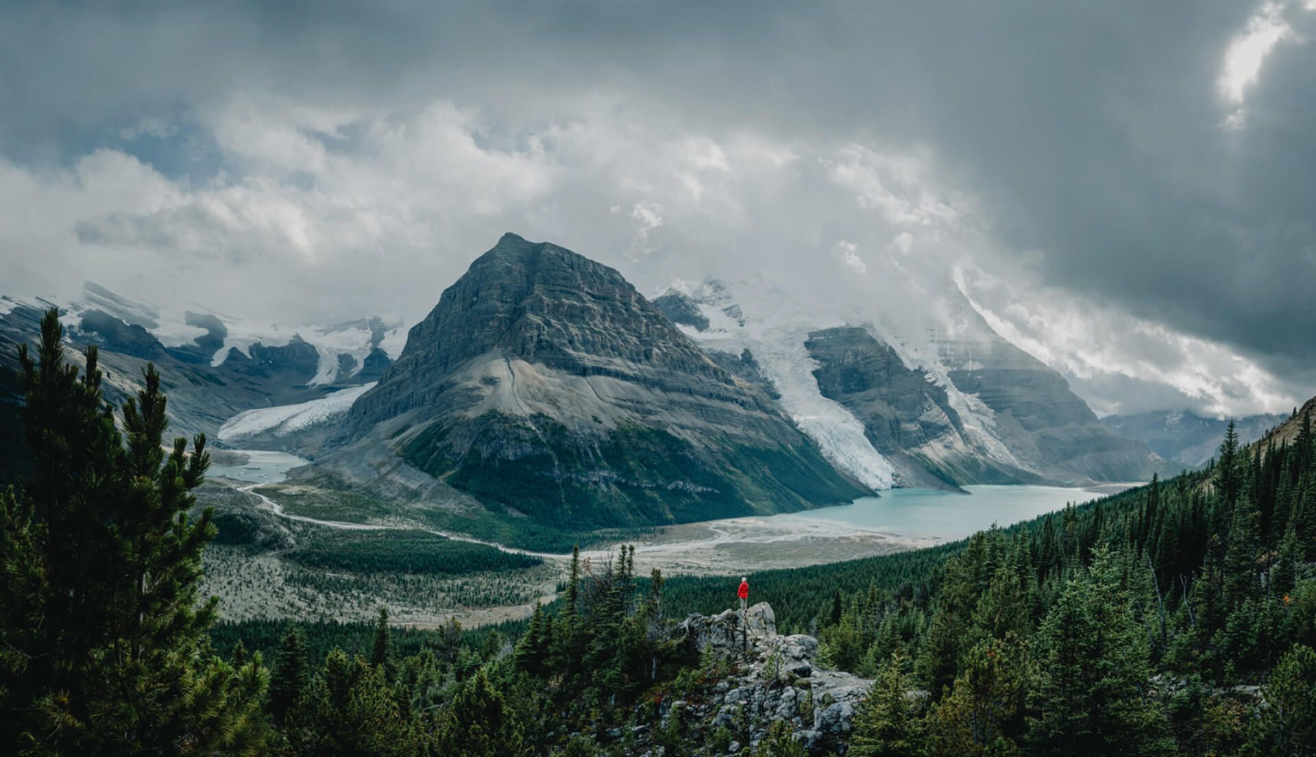 A lone person stands on a rock amongst nature, with large glacial mountains in the surrounding.