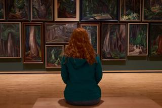 Person sits in an art gallery and looks at Emily Carr paintings