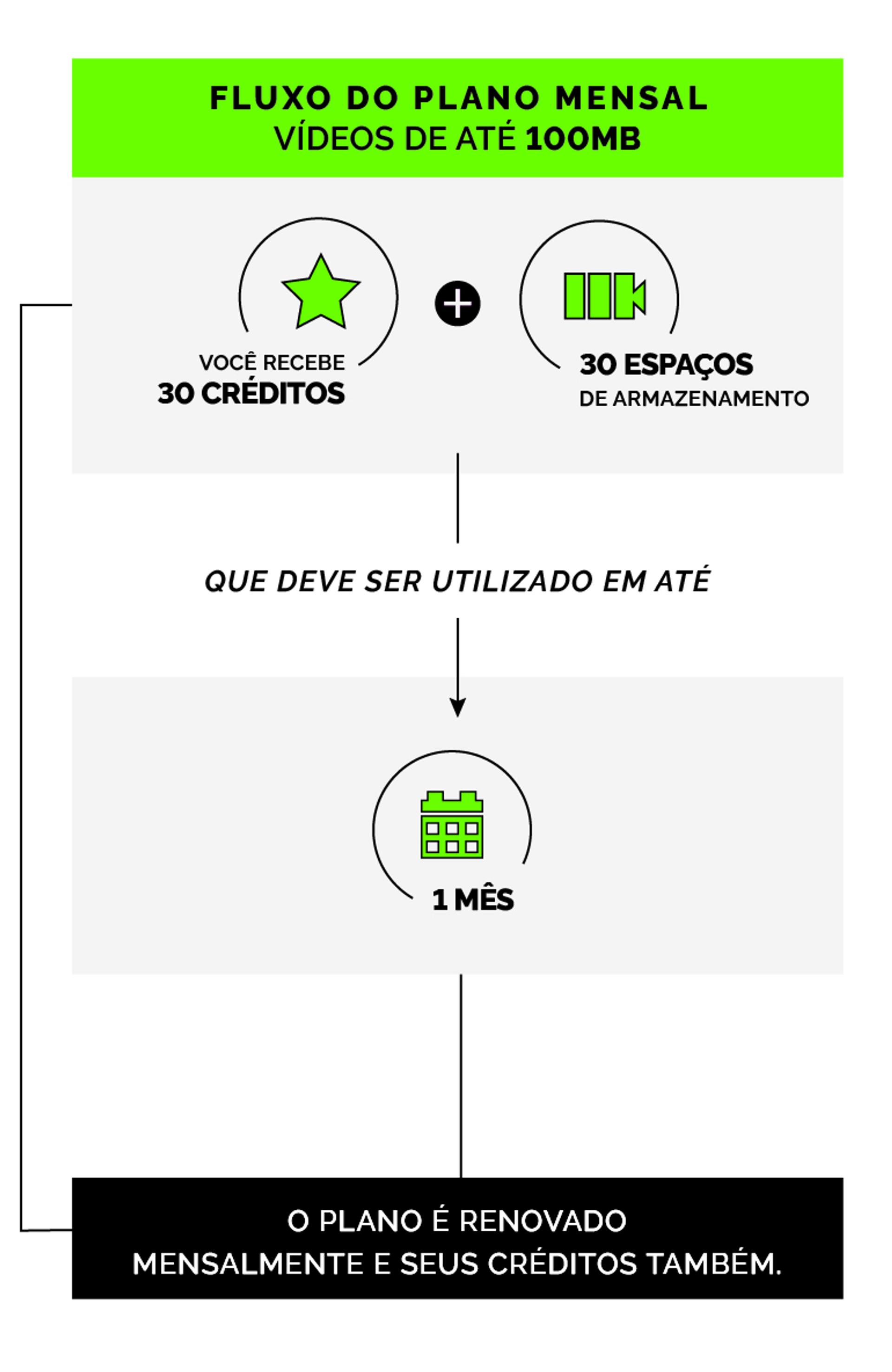 Explicação de como funciona o plano mensal: Assim que é assinado, você recebe 30 créditos mais 30 espaços para armazenamento. Os espaços são fixos mas os créditos são renovados a cada mês e não são cumulativos.