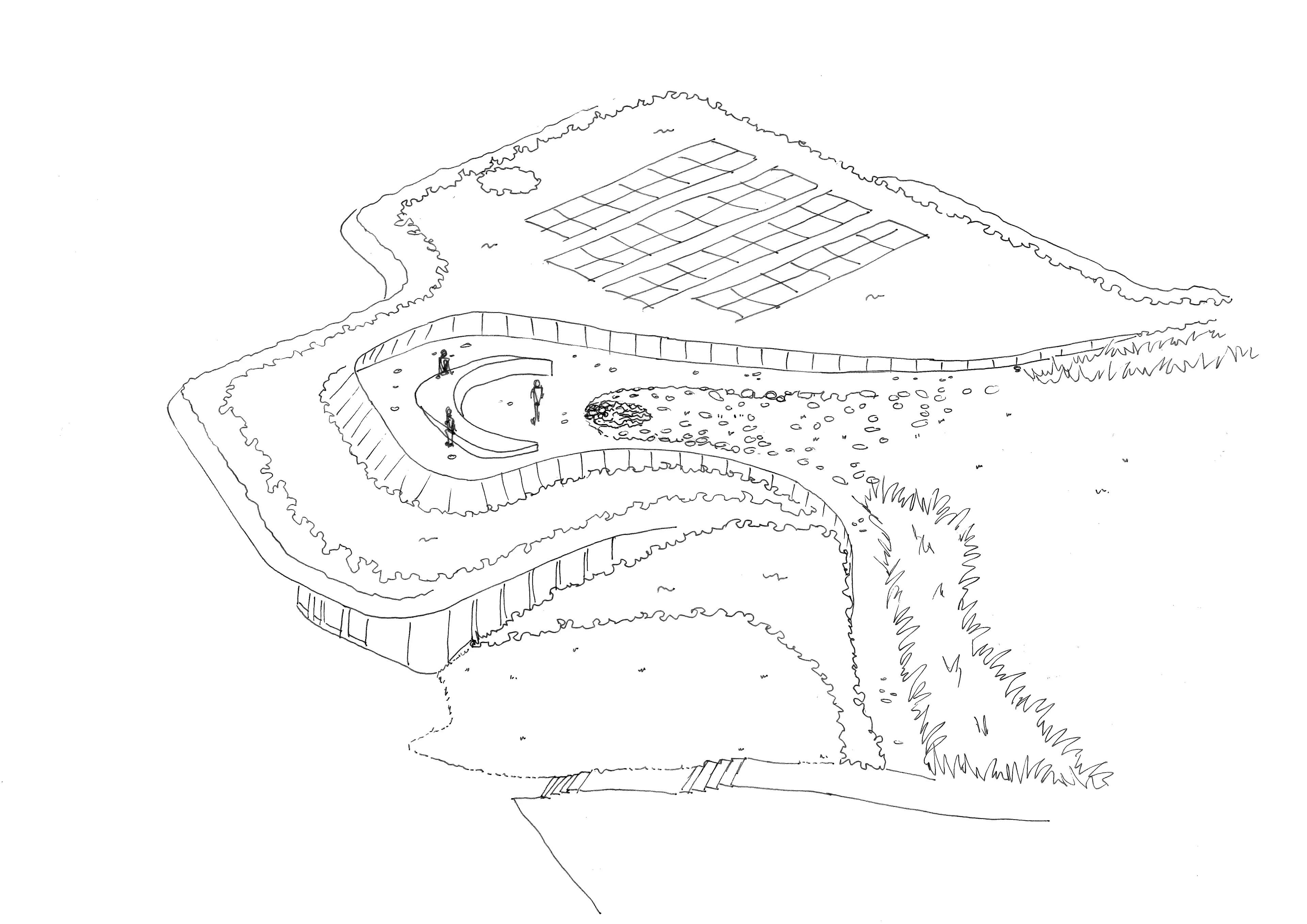 An architectural sketch of a curved, publicly accessible roof garden, set into a hillside.