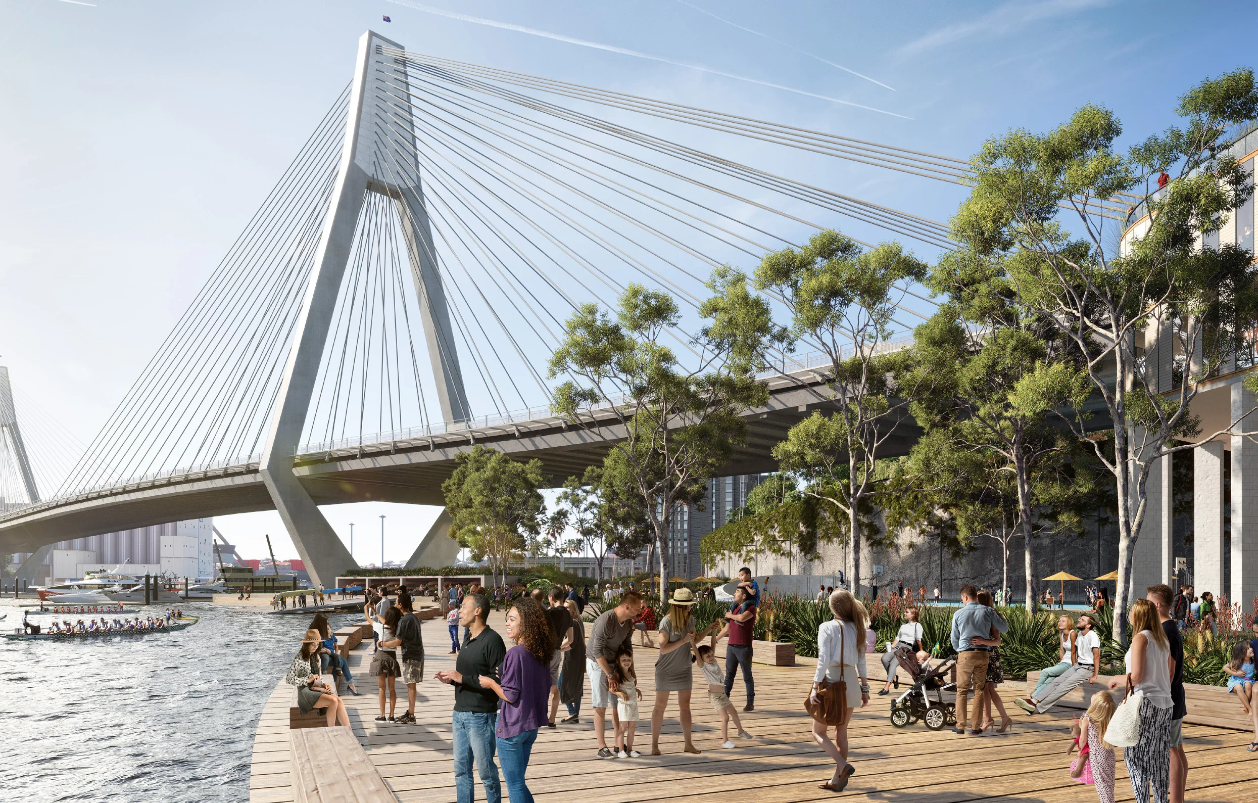 An artist's impression of a waterfront promenade filled with people. There is water to the left of the image, and trees to the right. In the background a distinctive bridge fills the sky.
