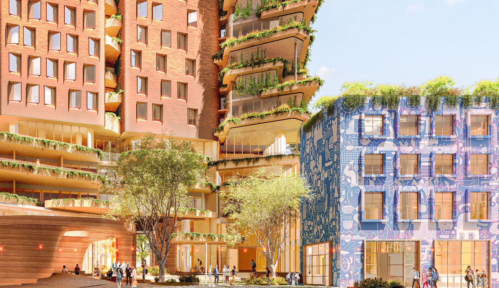 A digital render of a new university precinct, featuring 'green' buildings. 