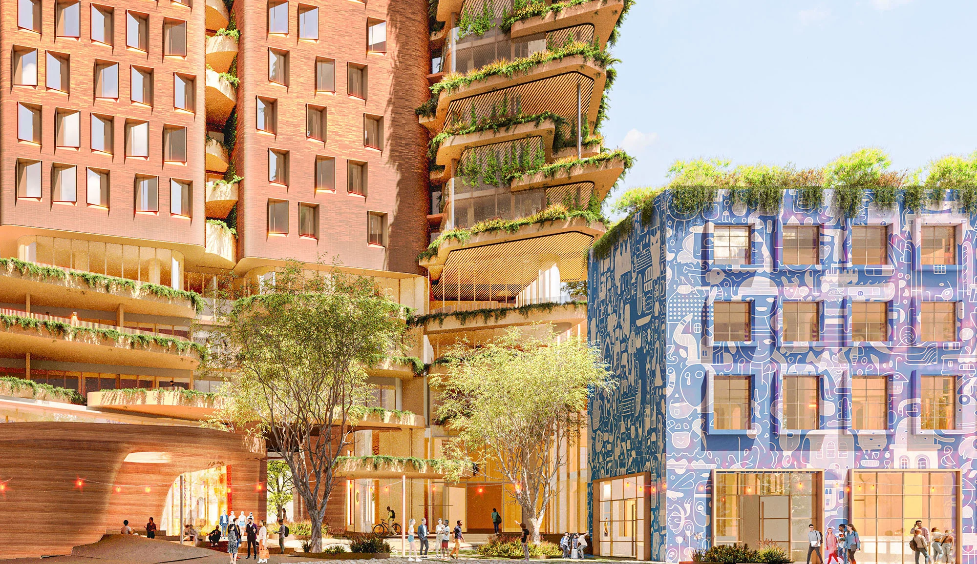 A digital render of a new university precinct, featuring 'green' buildings.