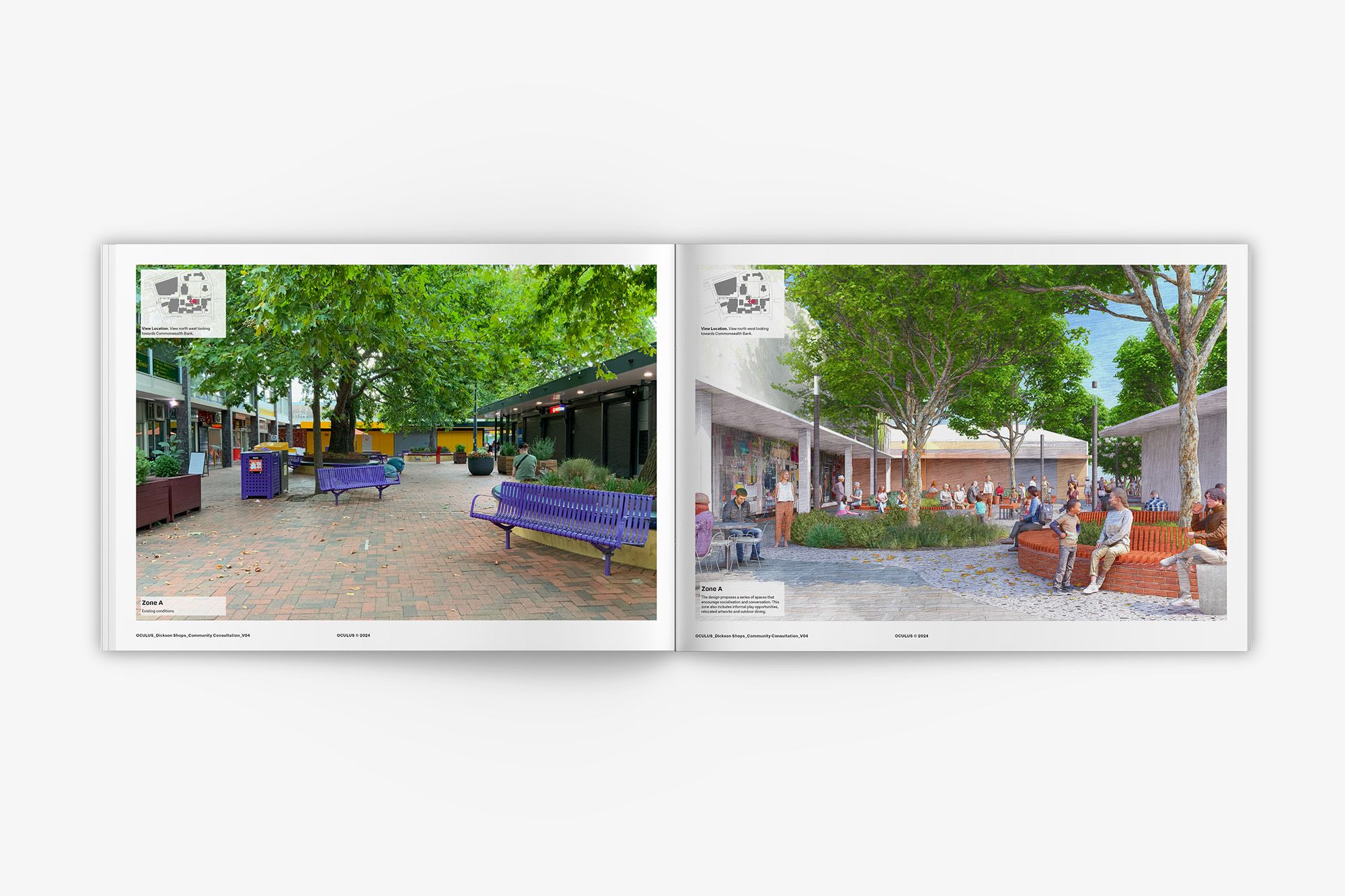 A digital mock-up of an open, horizontal, design report. There's a photo on the left, corresponding with a concept render on the right.