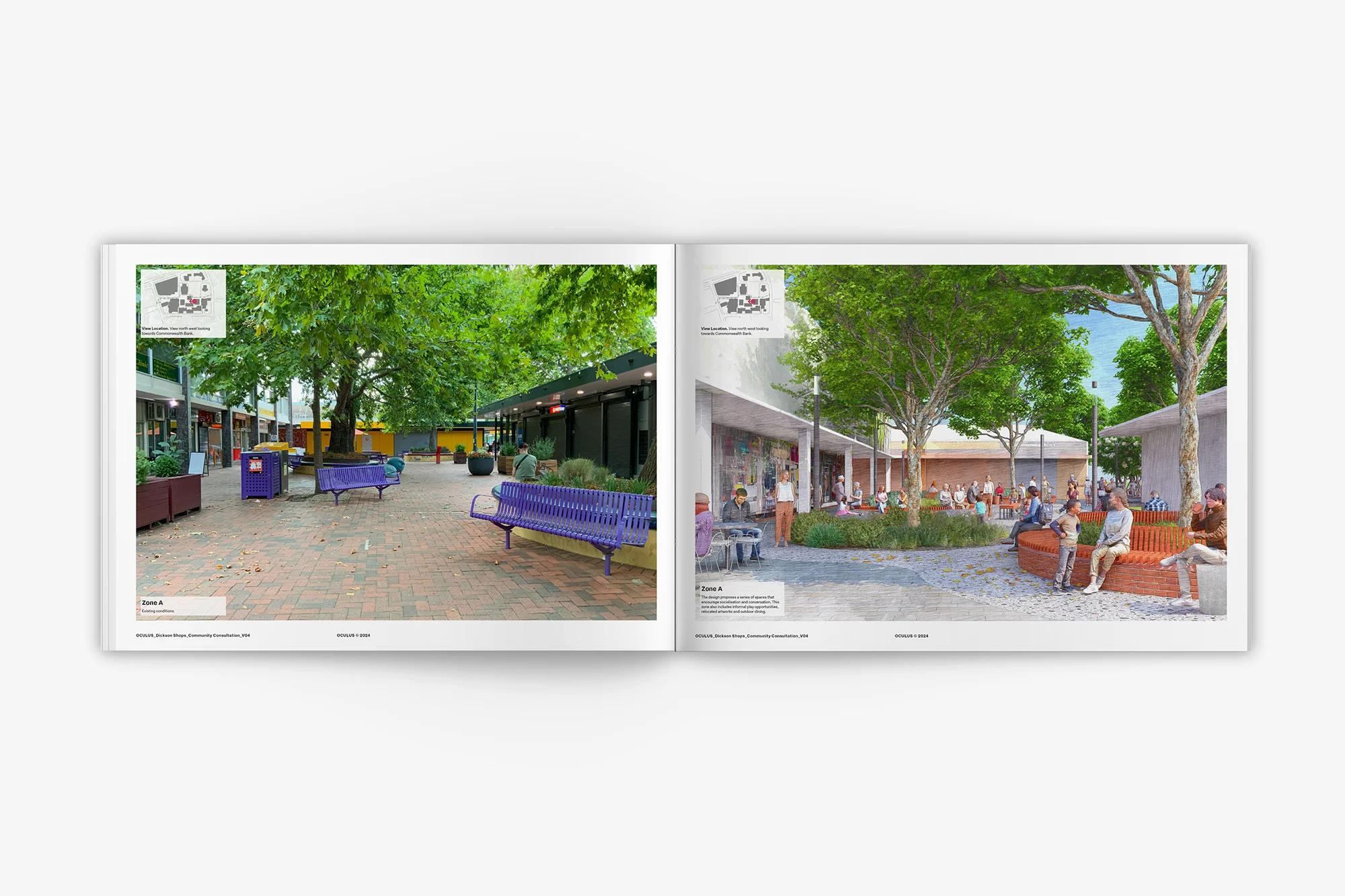 A digital mock-up of an open, horizontal, design report. There's a photo on the left, corresponding with a concept render on the right.