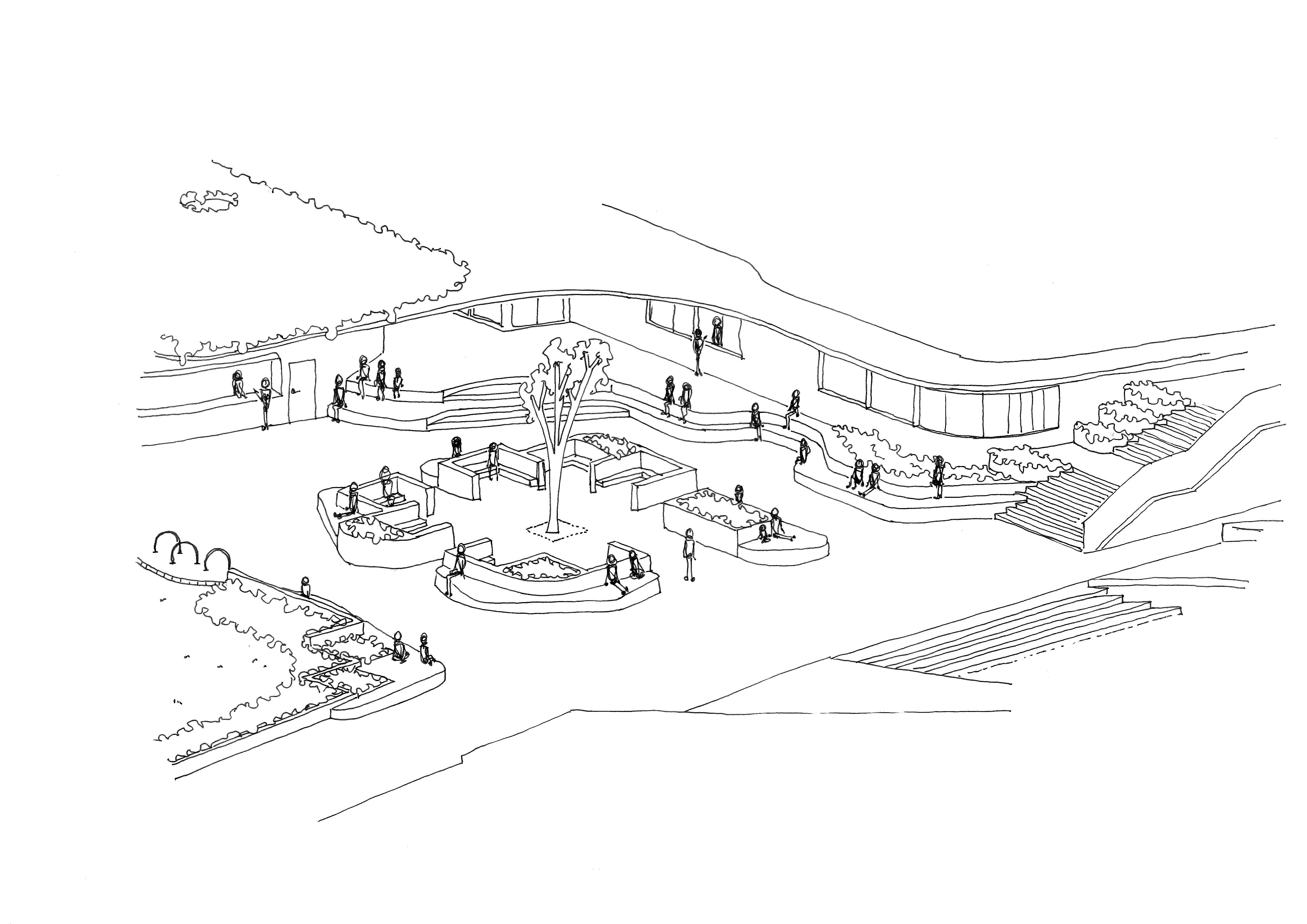 An architectural sketch of an outdoor public space. Seating surrounds a tree.