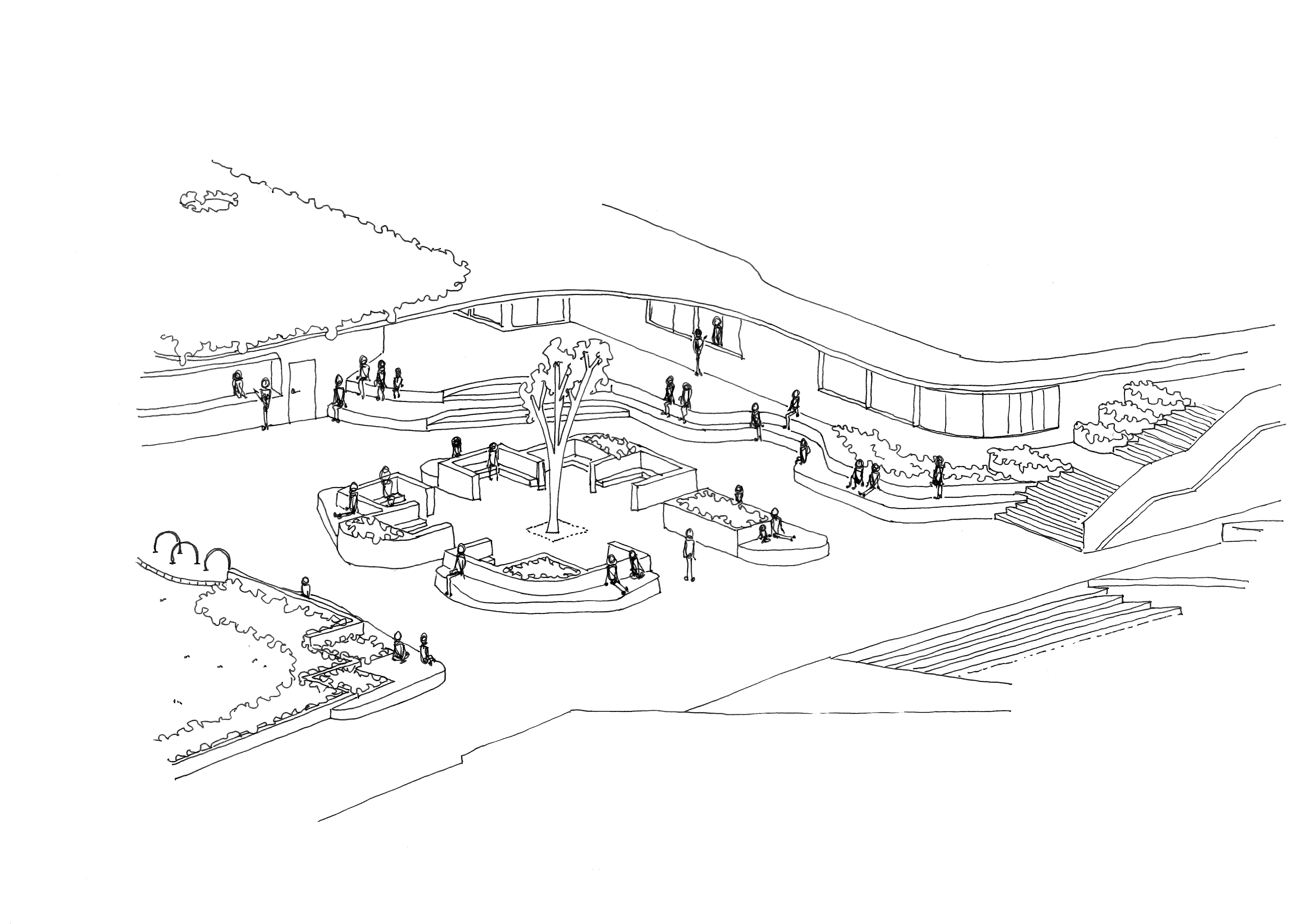 An architectural sketch of an outdoor public space. Seating surrounds a tree.