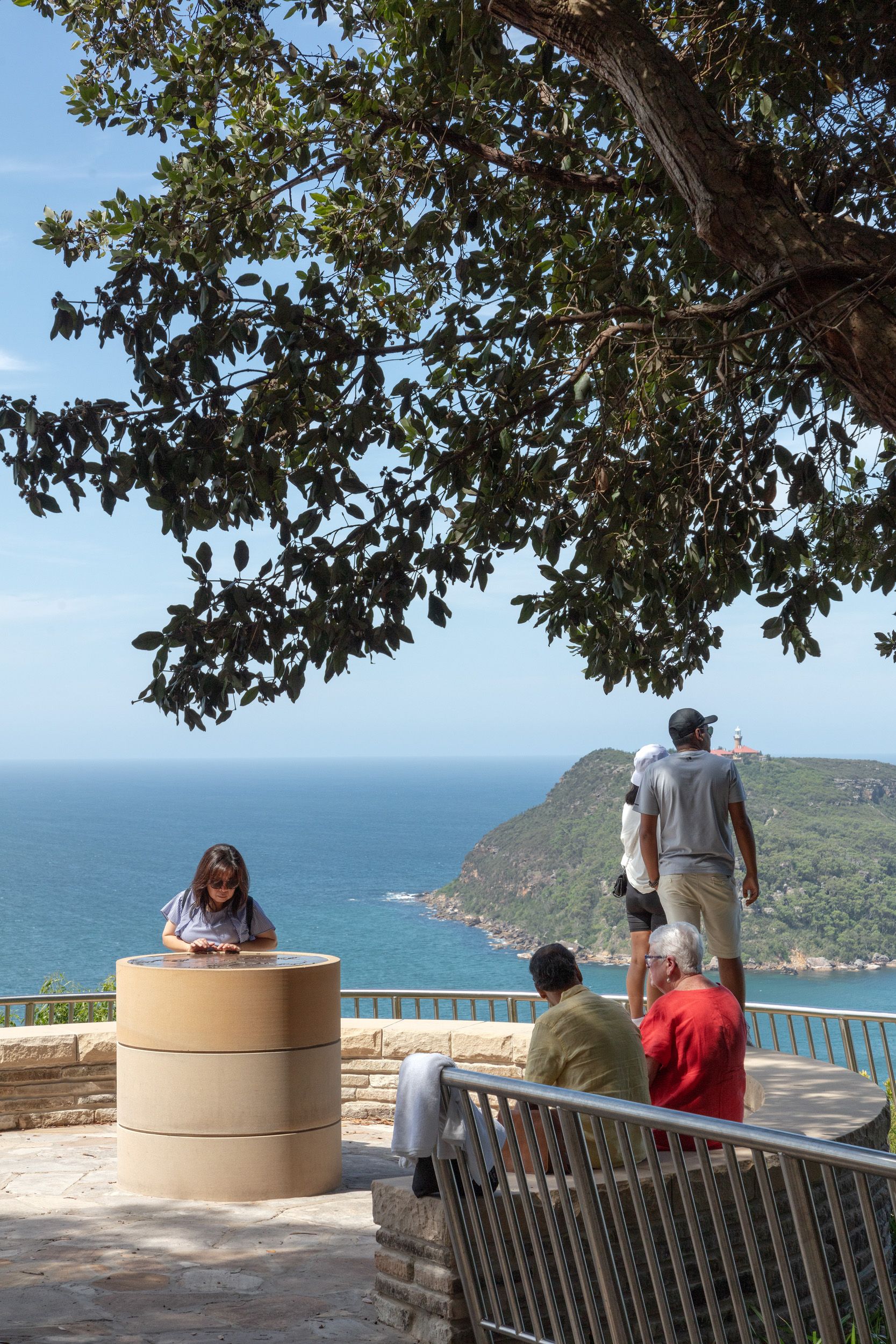 A photograph of people resting, reading, and standing at a site overlooking the water. There is a large shady tree above.