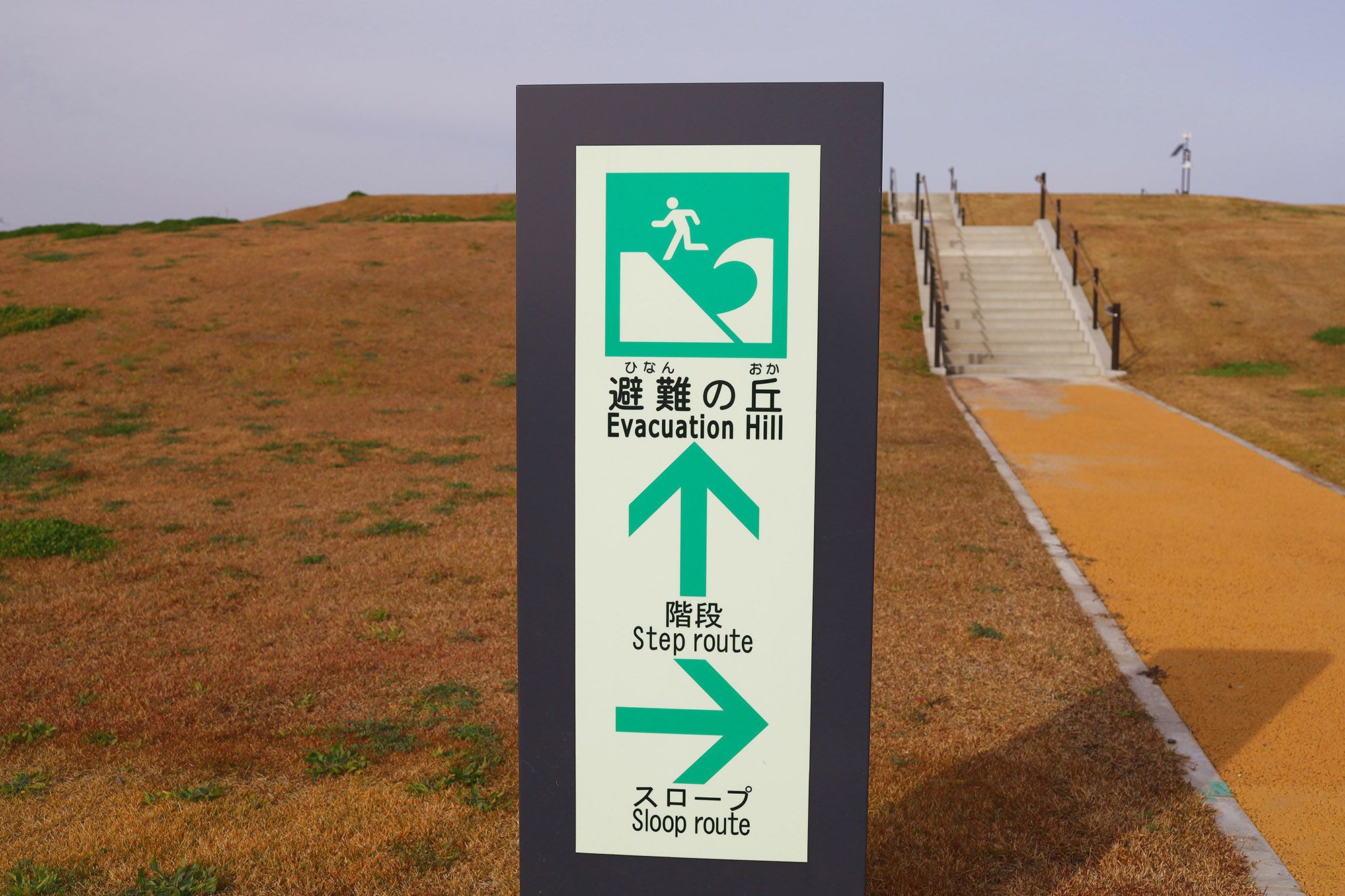 A photo of Japanese-English bilingual sign pointing towards an evacuation hill. There is a pictogram of a person running away from a wave.