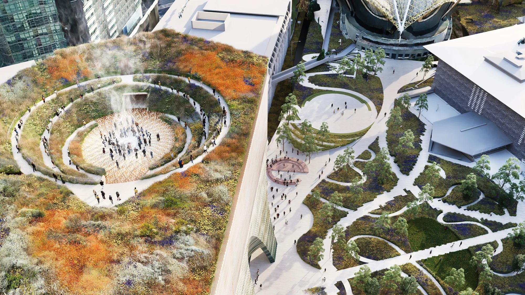 A photorealistic visualisation of a contemporary art gallery from above, there are people gathered on the green roof, and winding paths are visible in a garden below.