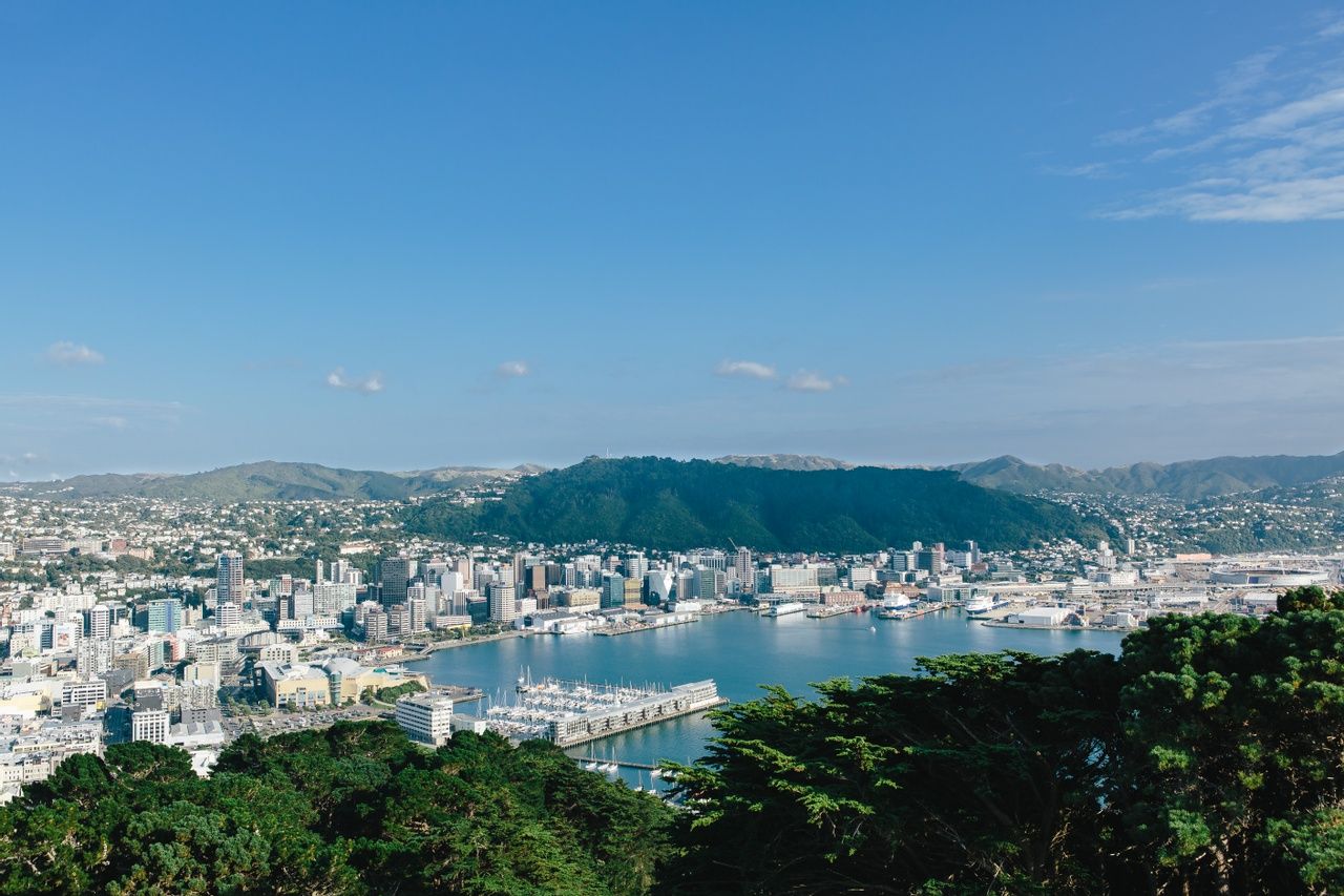 Photograph of a view over a developed waterfront city from a mountain, another mountain is in the city, with more in the distance.