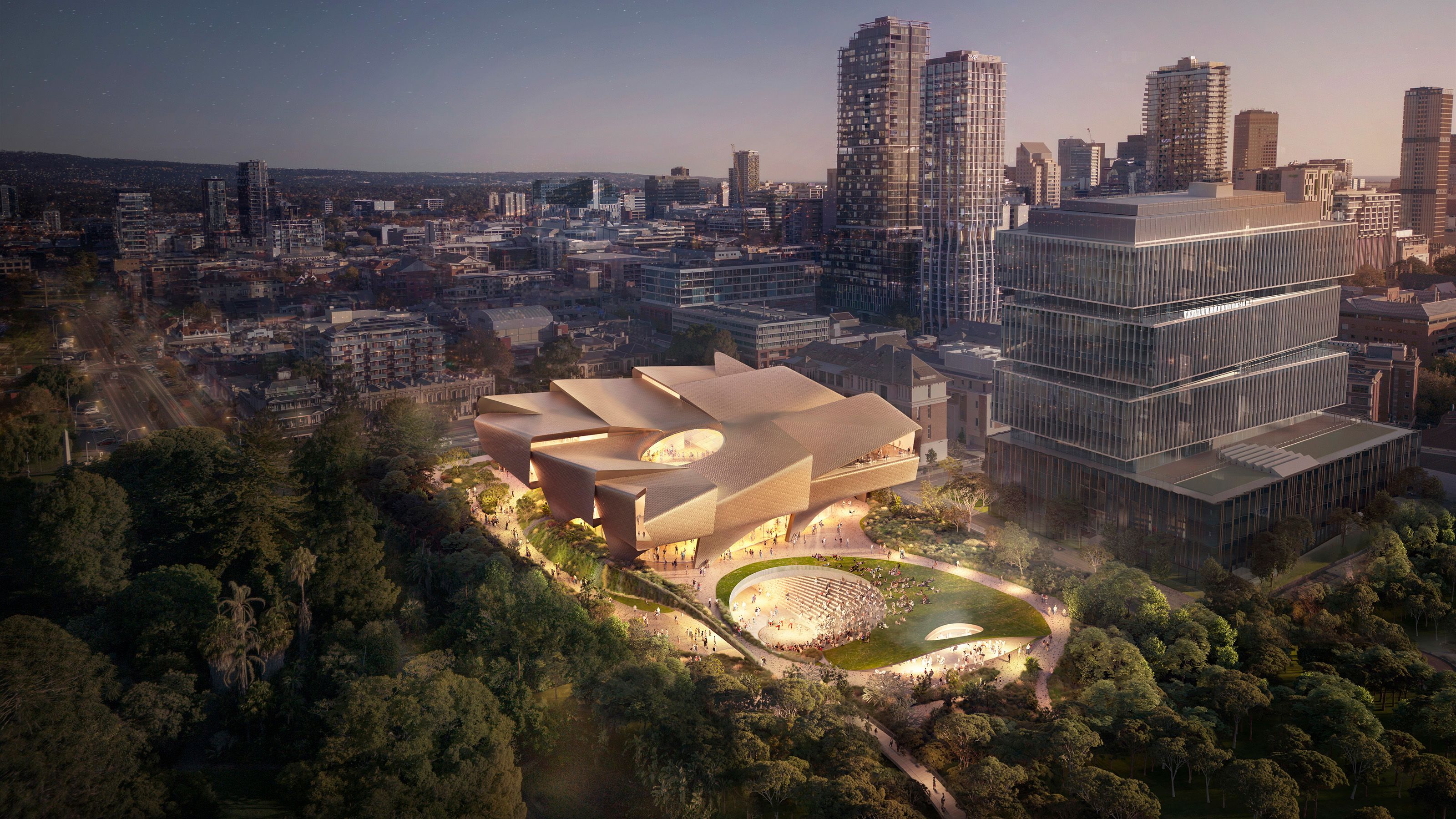 A digital render of a contemporary cultural centre, surrounded by open space.