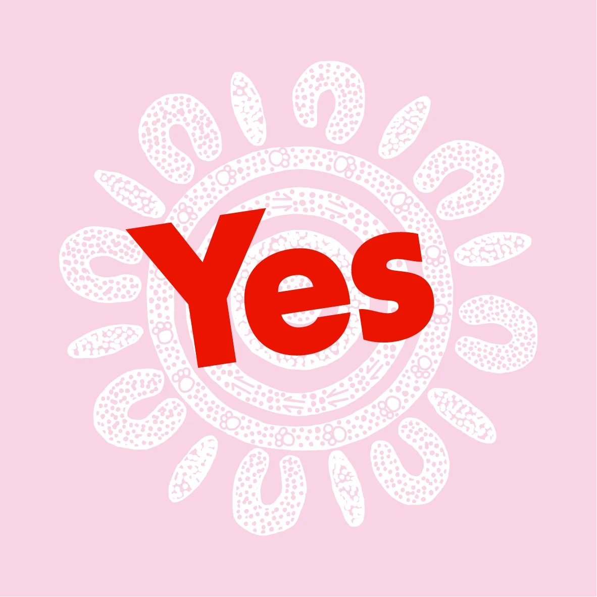 A graphic logo which consists of the word 'yes' in red, on top of a white circular Aboriginal motif, on a pale pink background.