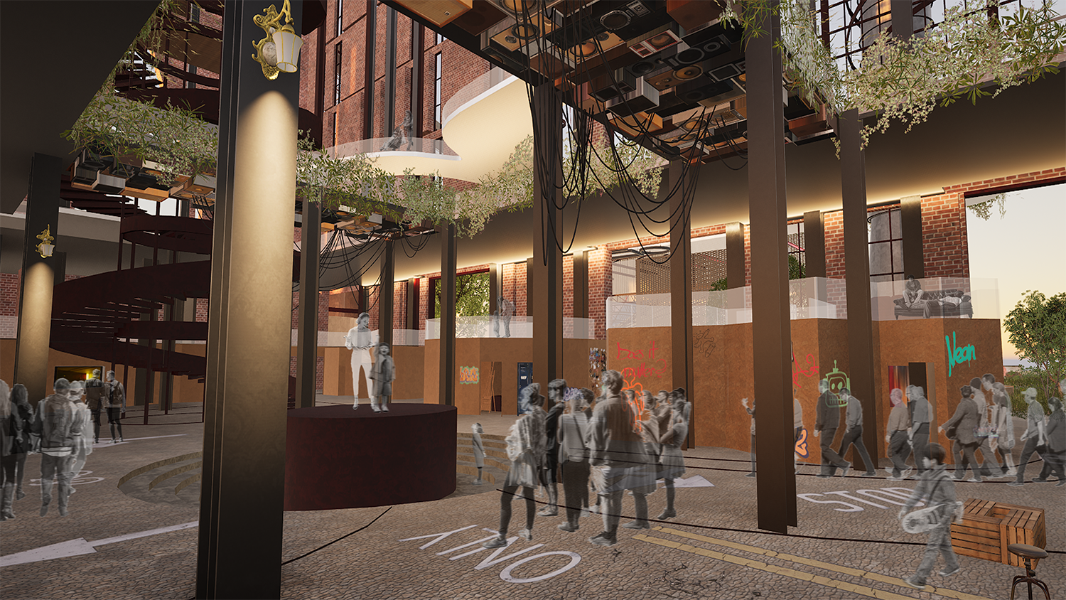 Render image of large open space showing members of the public coming and going.