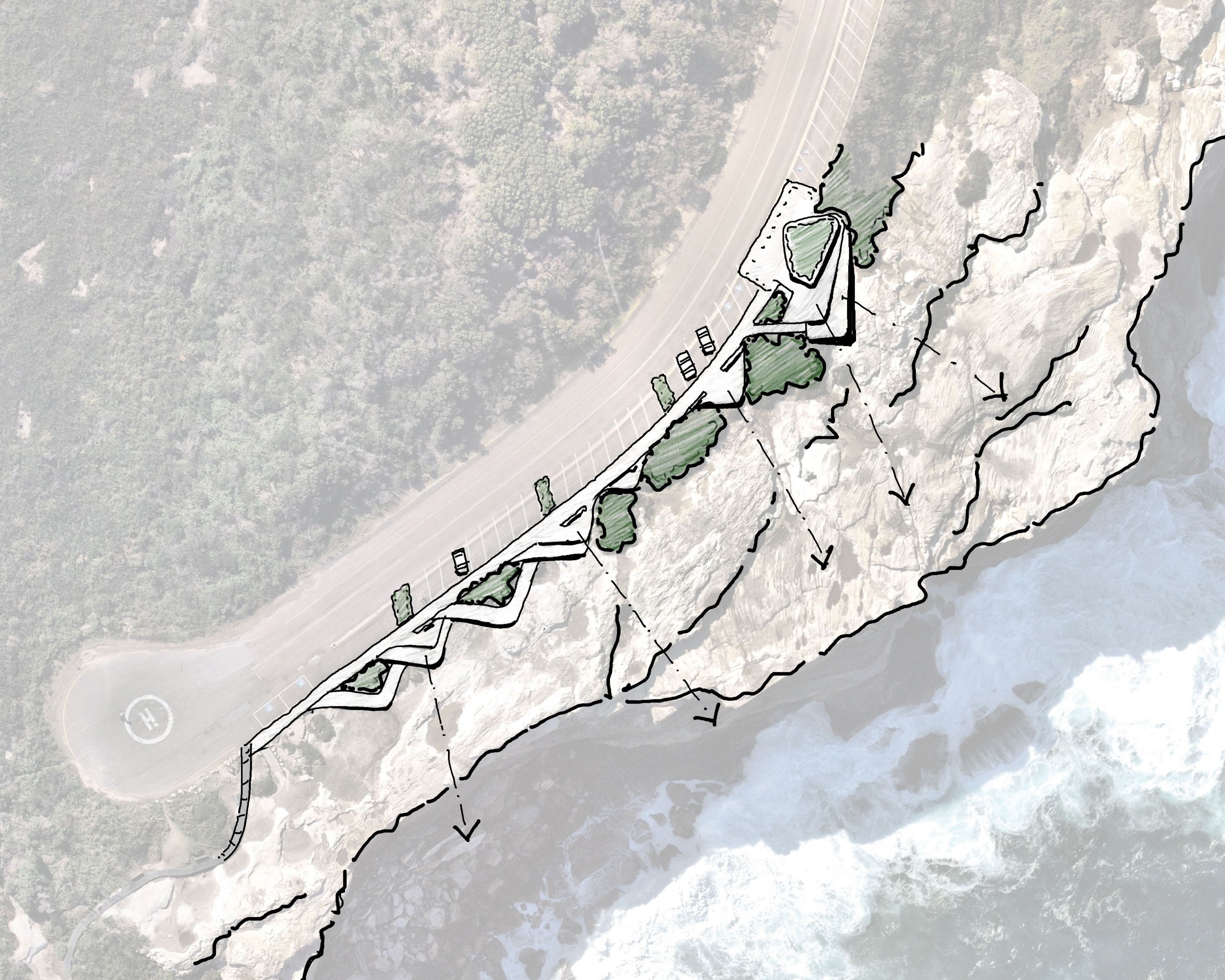A coloured plan sketch over a faded aerial photograph. Lines with arrows indicate viewing directions towards the ocean.
