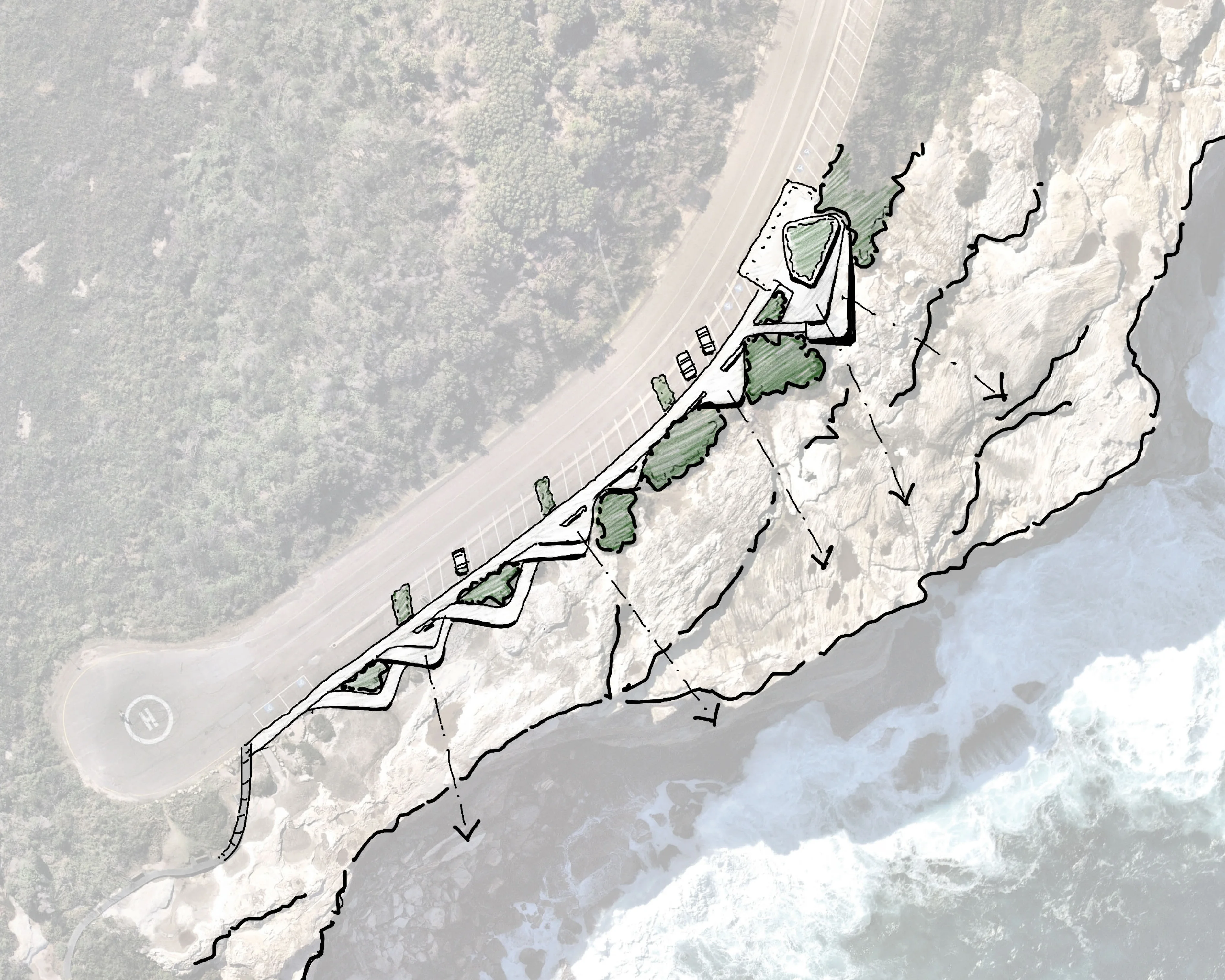 A coloured plan sketch over a faded aerial photograph. Lines with arrows indicate viewing directions towards the ocean.