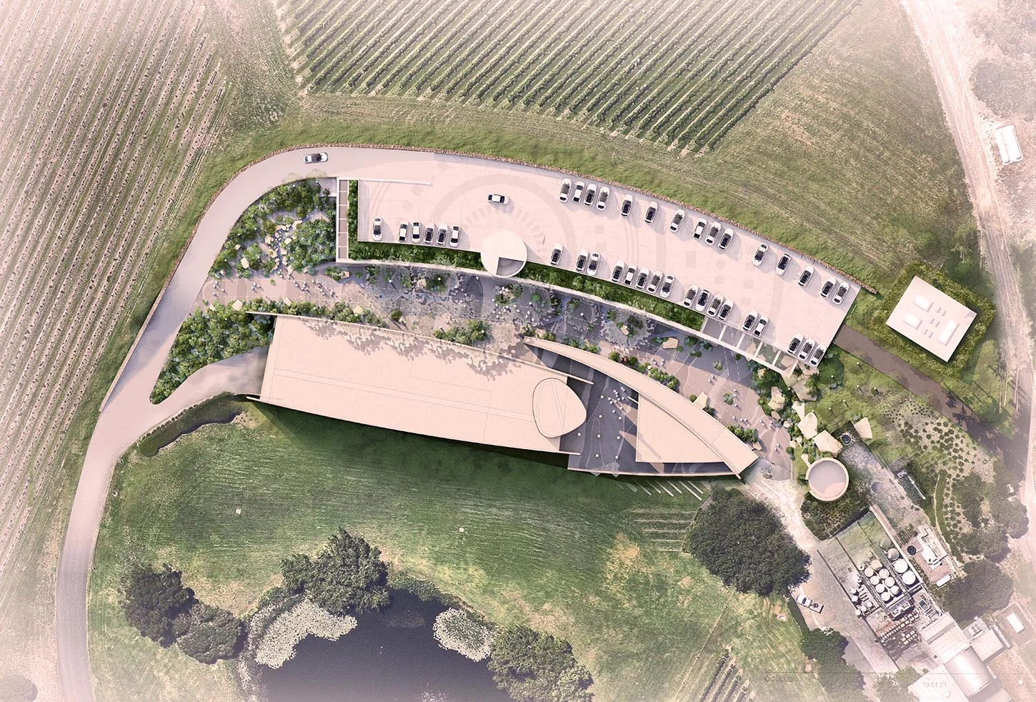 An illustrative plan of an art gallery adjacent to a vineyard.