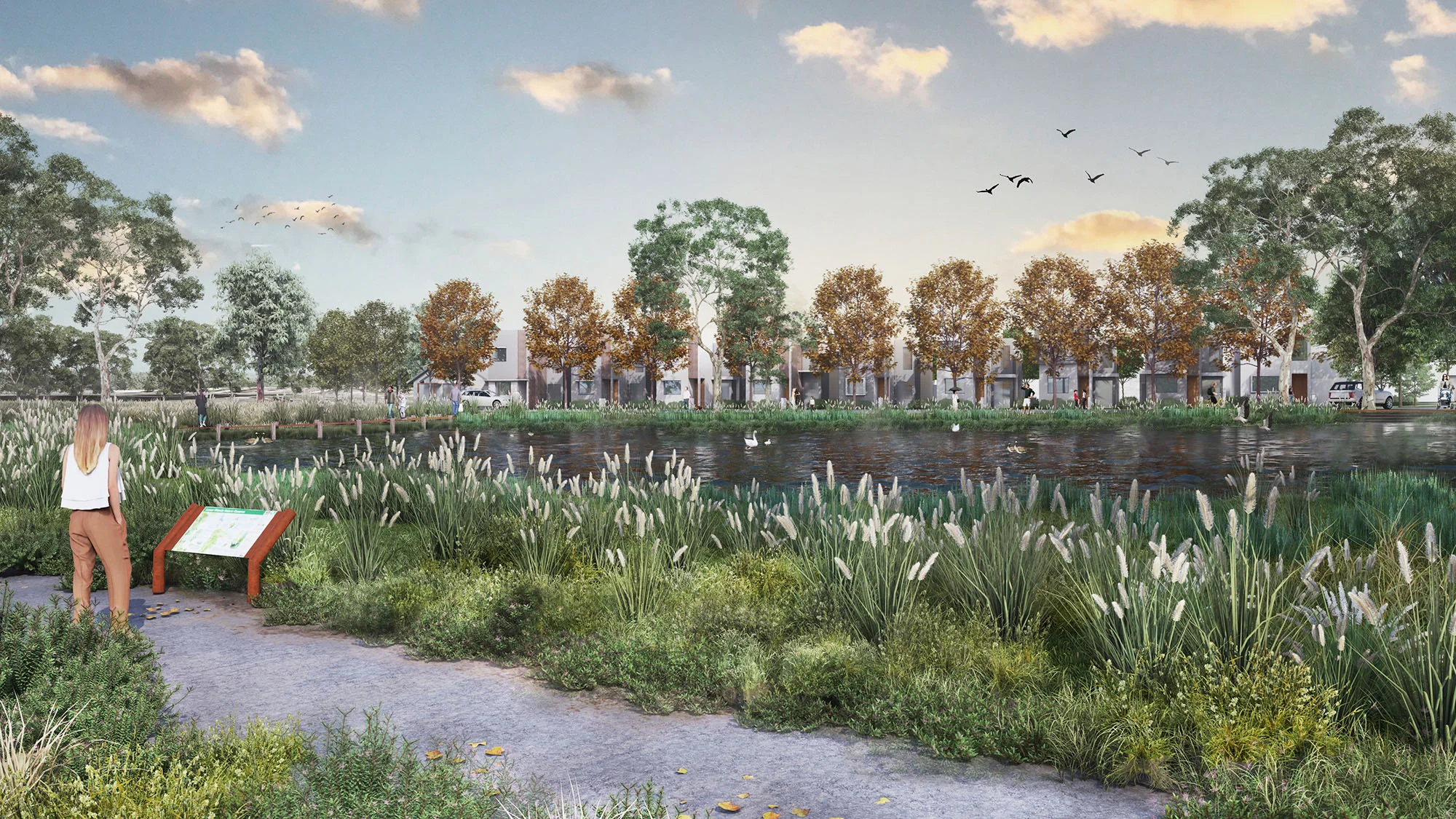 A digital render of a masterplan concept for a new regional community park. A person is looking across a lake at street of trees and townhouses.