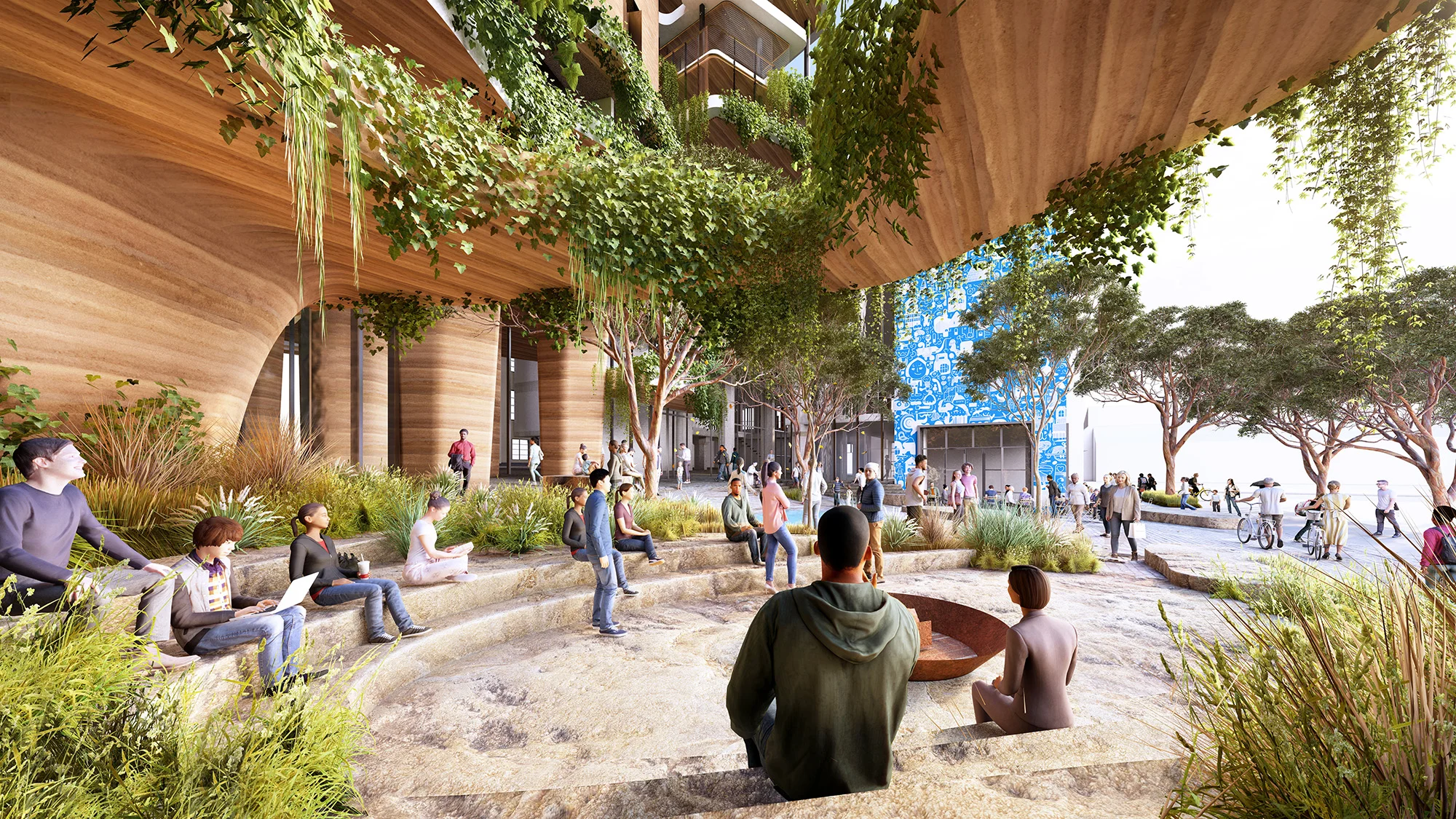 A digital render of a curved outdoor courtyard filled with people and plants.
