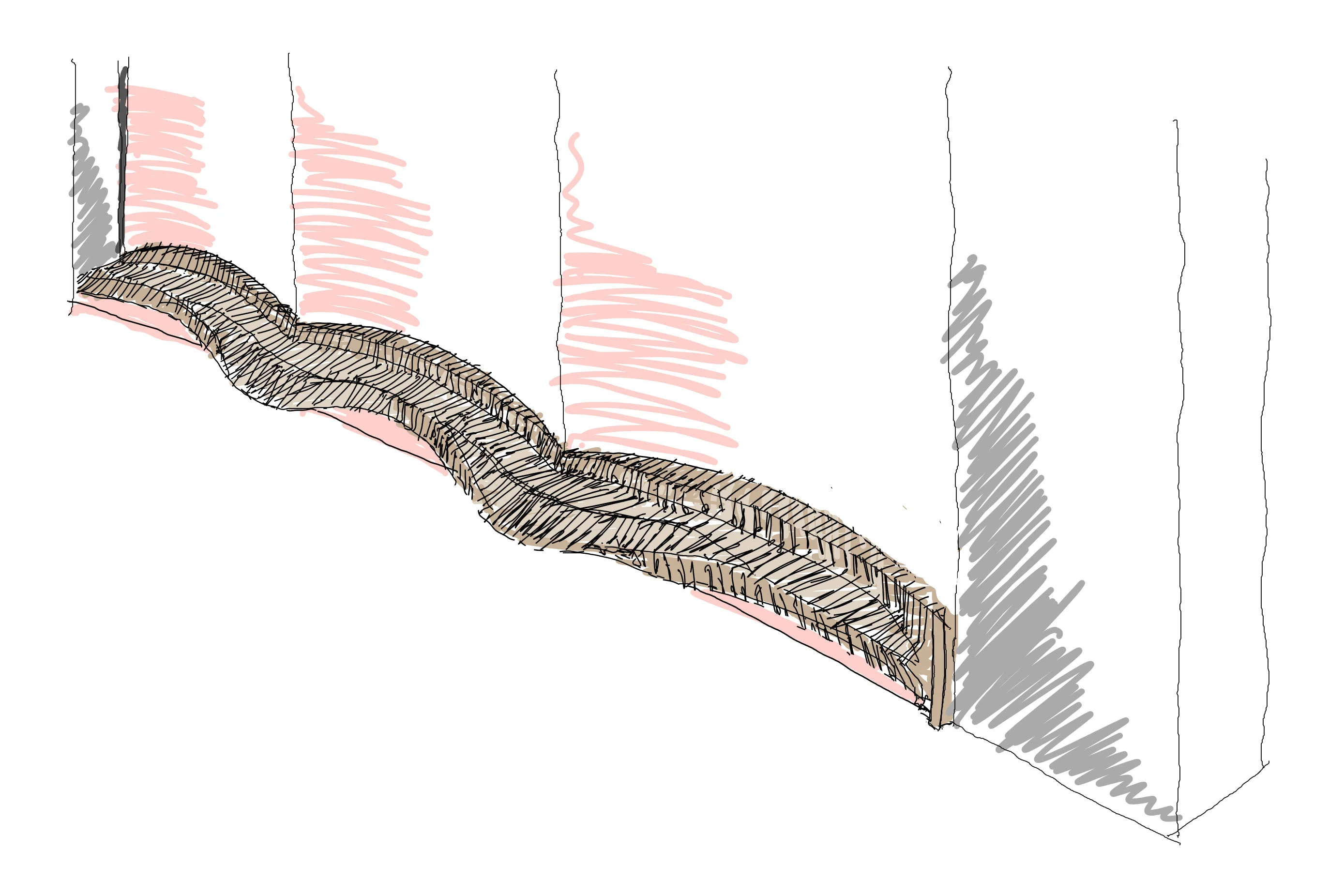 A concept design sketch for a curved timber bench.