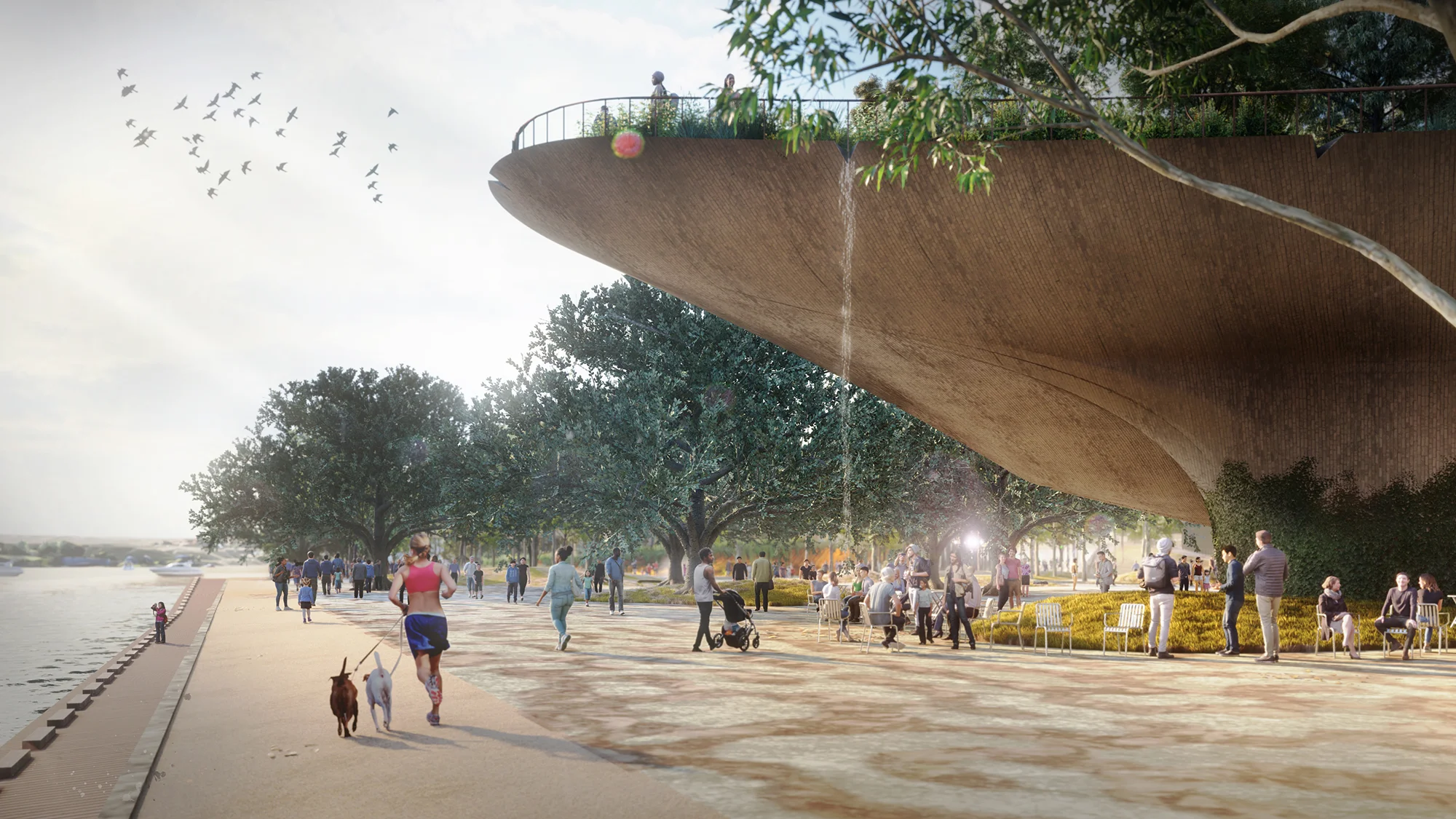 A digital visualisation of a waterfront landscape featuring dramatic architectural topography. There is a person running with two dogs in the foreground, and large trees in the background .