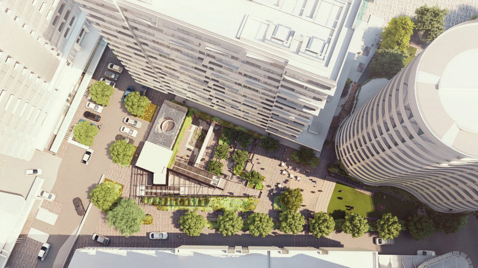 A digital render of a landscaped public plaza from above.