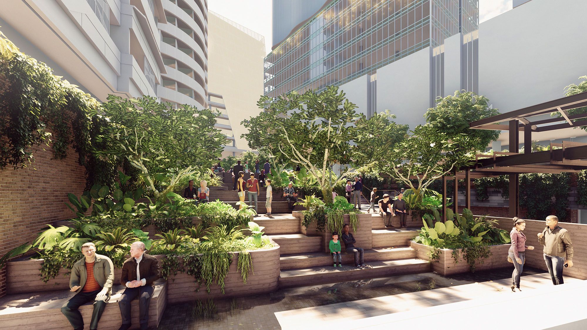 A digital render of an urban plaza landscape.