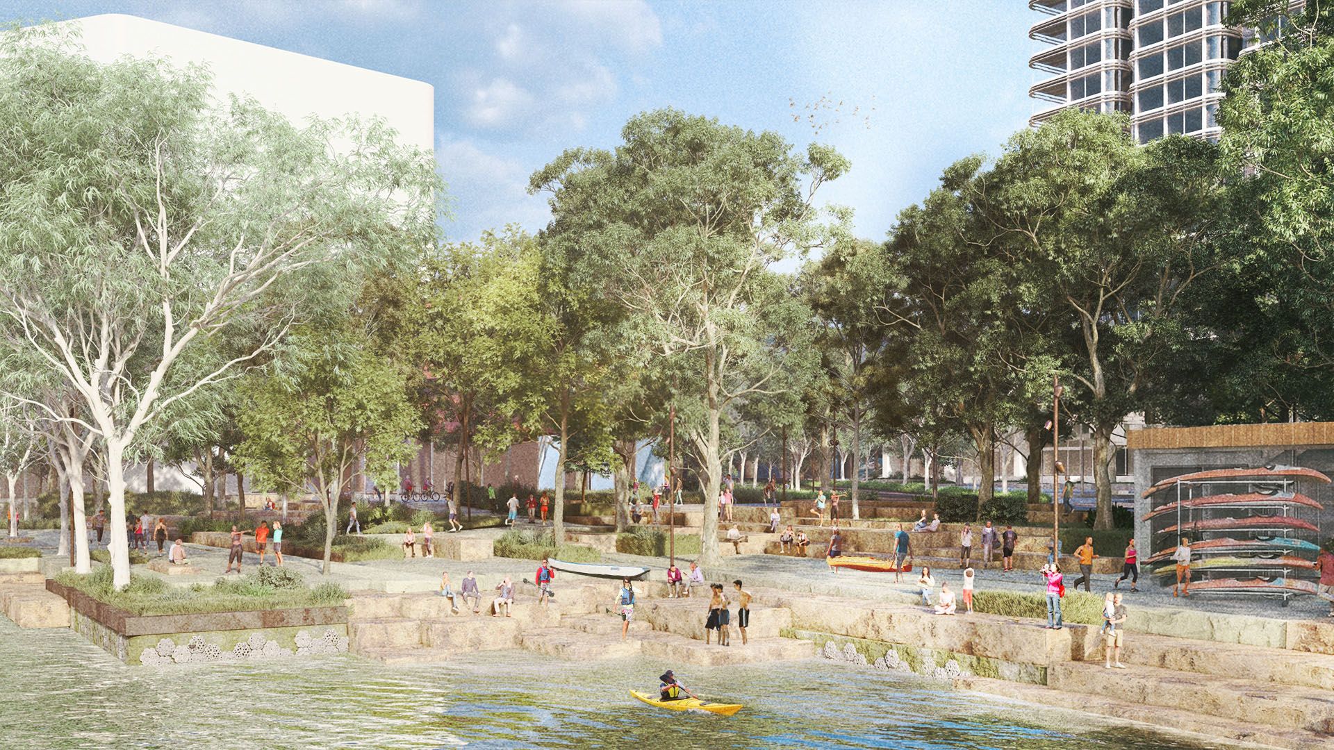 A visualisation of an interactive water's edge with sandstone steps, alongside large trees, and large buildings in the background.