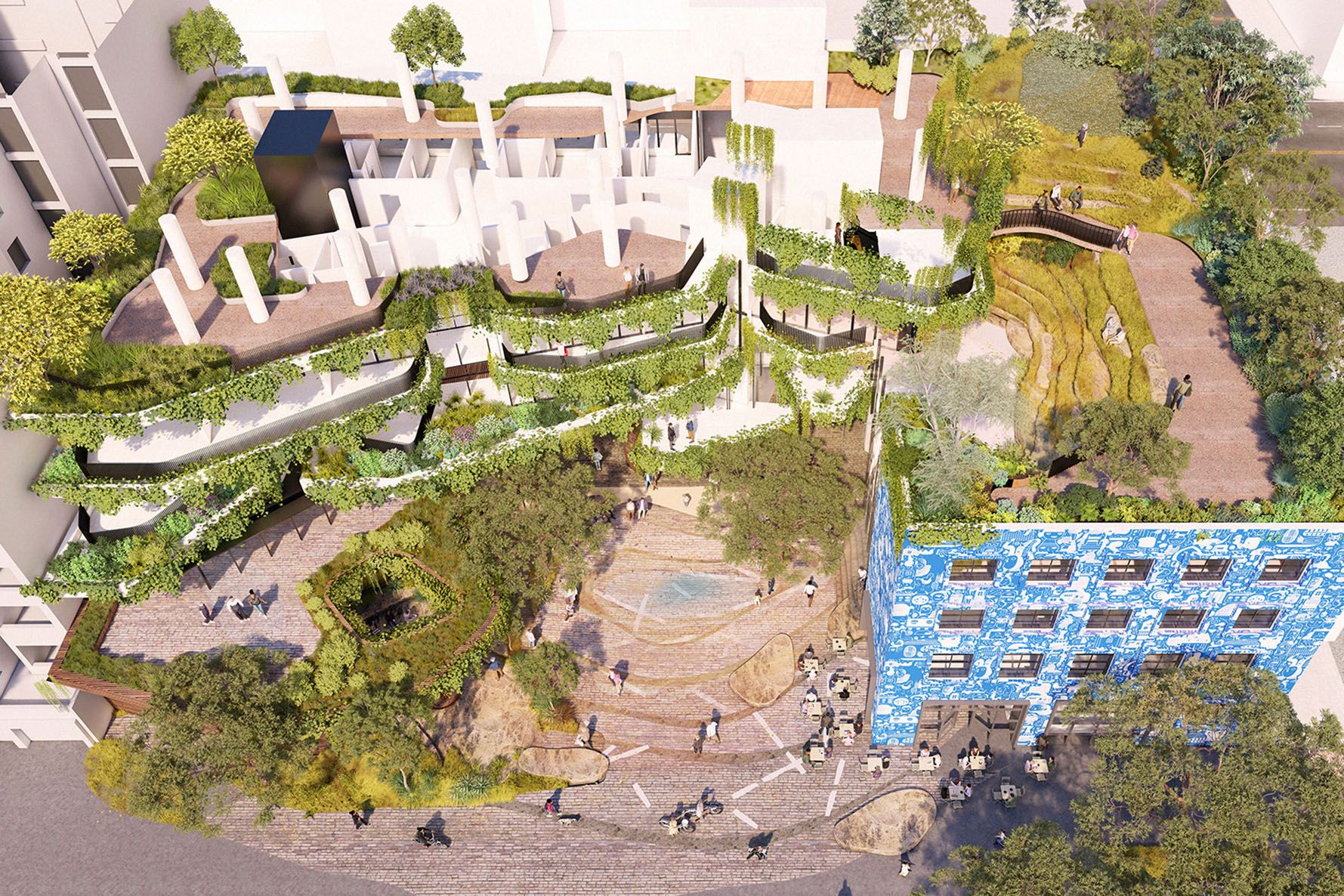 A digital render of an elevated view of a new building forecourt. There are trees, rooftop gardens, green walls, as well as a feature blue building facade in the bottom right corner. 