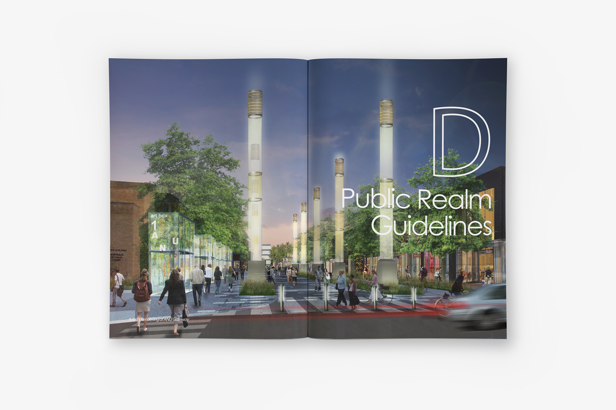 A digital mock-up of a double page spread A4 document on a white background. The spread features a rendered urban landscape and text reading "D: Public Realm Guidelines" 