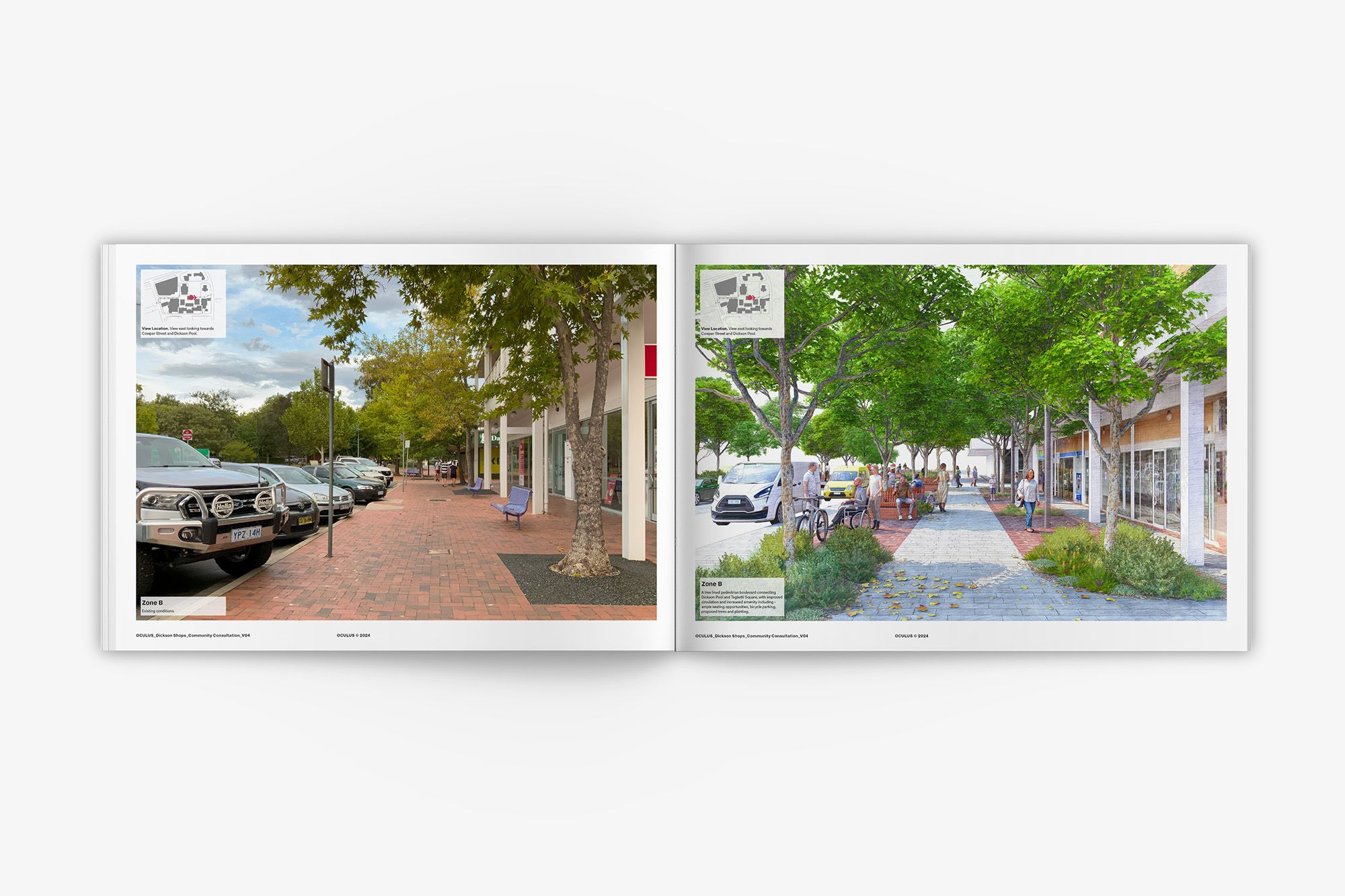 A digital mock-up of an open, horizontal, design report. There's a photo on the left, corresponding with a concept render on the right.