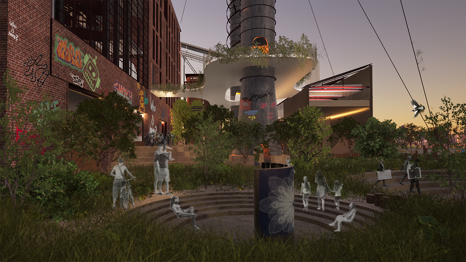 Render of an outdoor forecourt as night show people using a seating area.