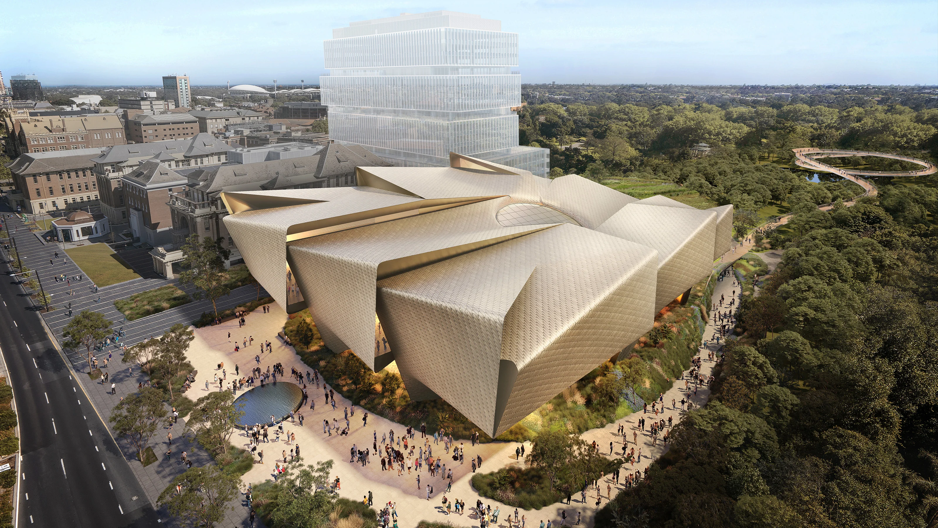 A digital render of a contemporary cultural centre, surrounded by open space.