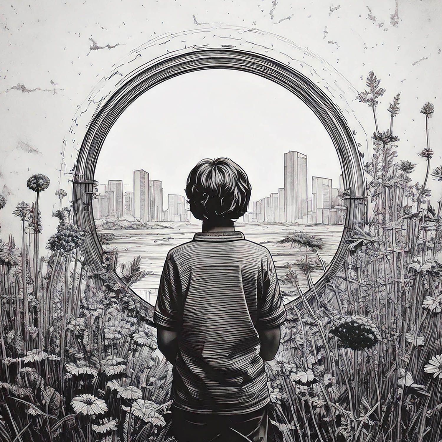 Black and white image of back of person looking through flowers to a city, generated using Artificial Intelligence.