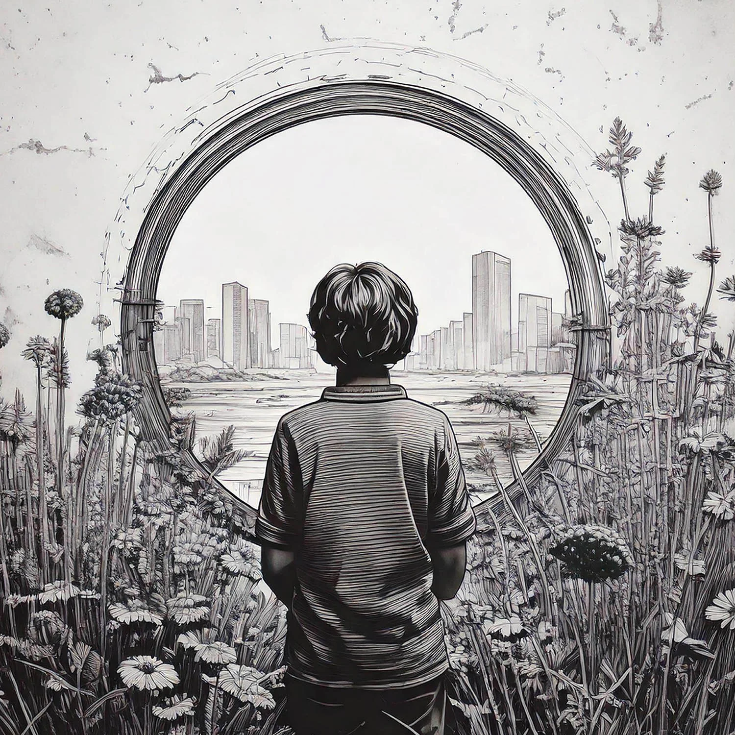 Black and white image of back of person looking through flowers to a city, generated using Artificial Intelligence.