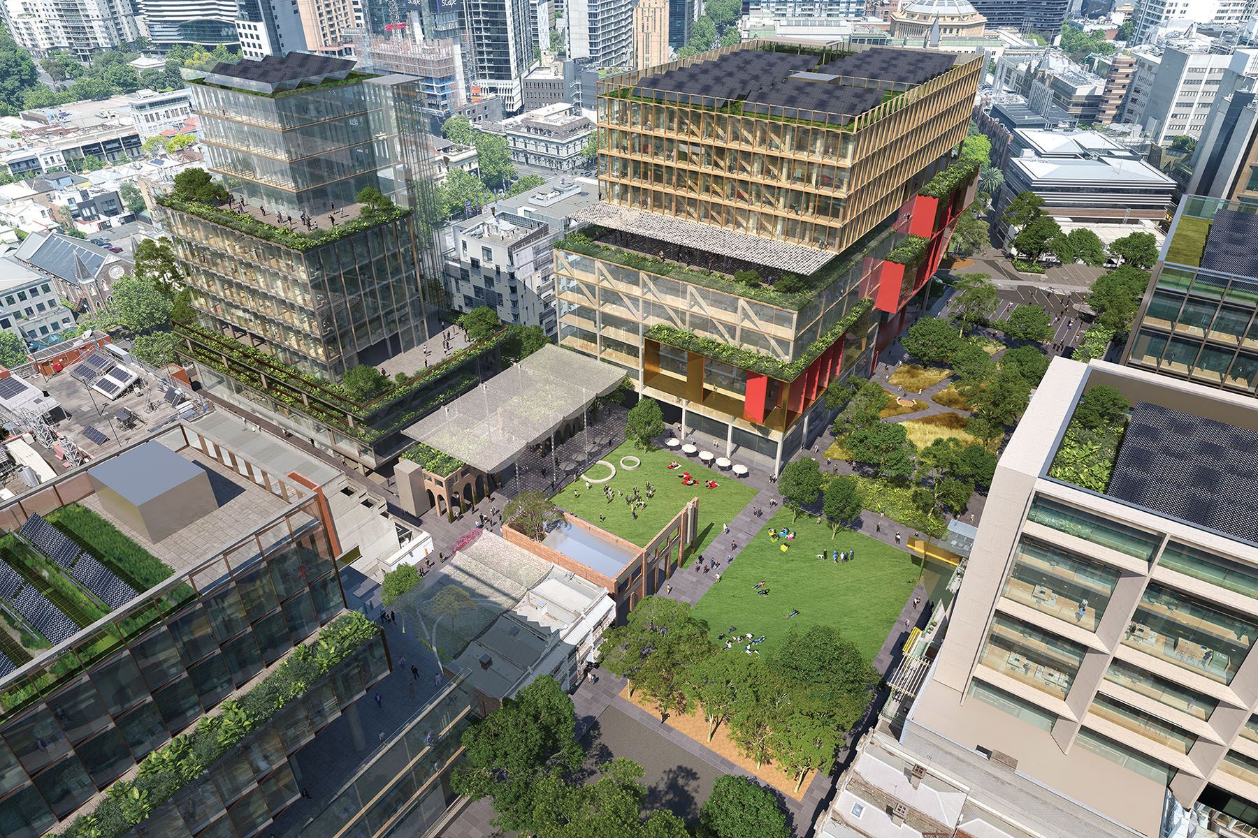 A digital render of a dense city precinct, with green open space at the centre, and green planting extending up on building terraces and rooftops.