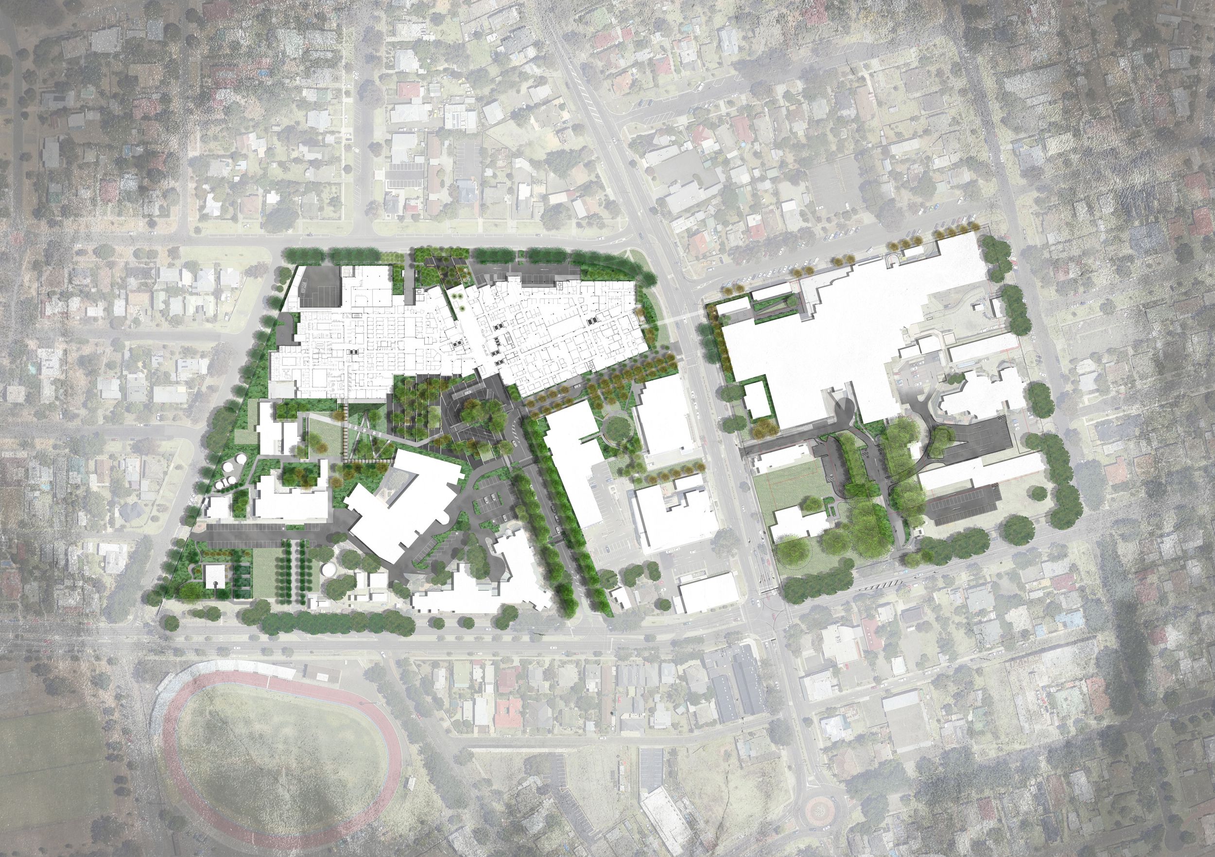An illustrated landscape site plan, with white buildings on site, surrounding areas greyed out. 