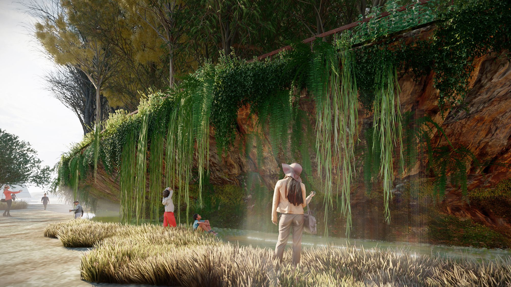 A digital visualisation of an urban park featuring dramatic landforms and lush Australian vegetation.